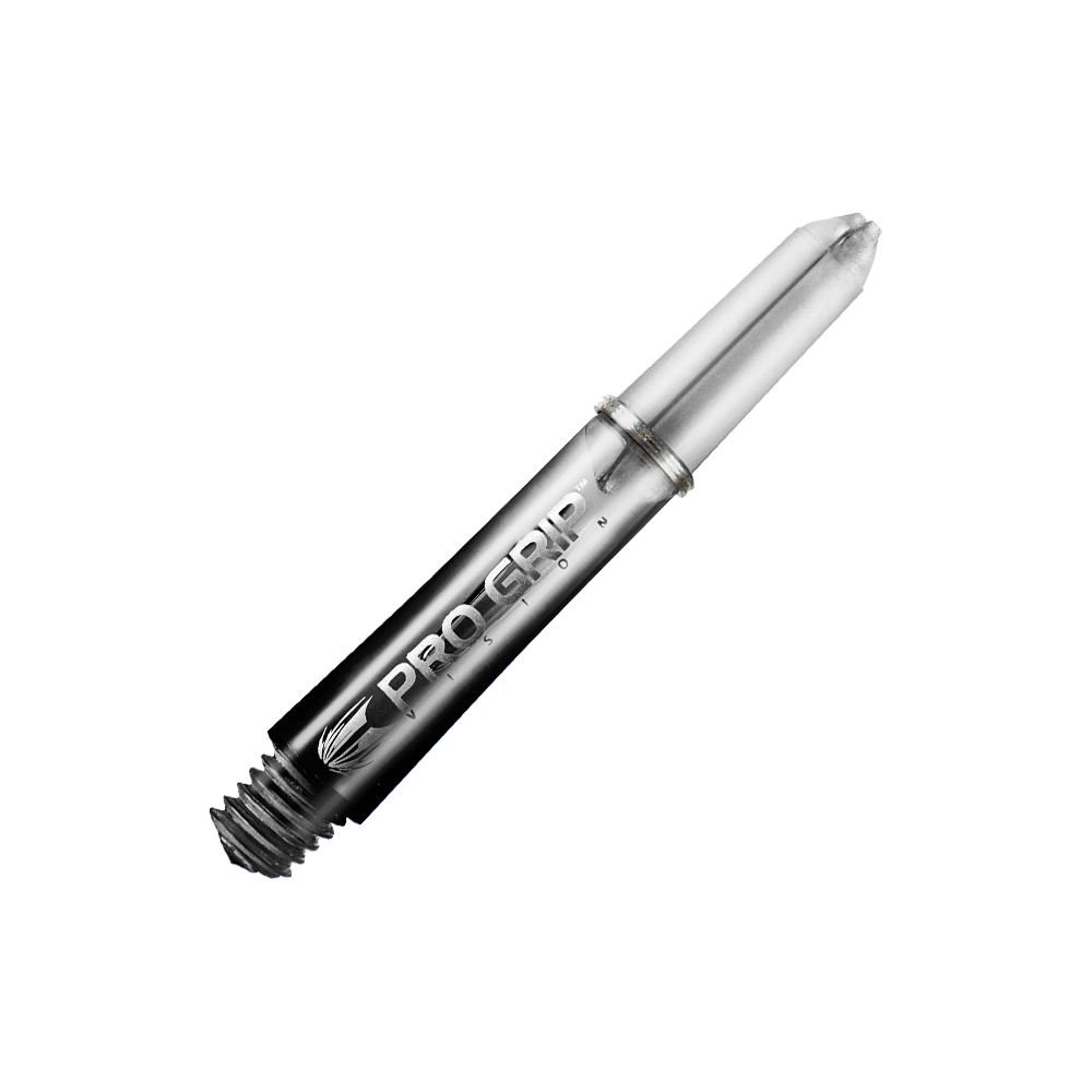 Tiges Target Pro Grip Vision - 3 jeux - Noires Das Bild zeigt einen schwarzen Pro Grip Vision Shafts von Target mit einer Länge von 34 mm. Der Schaft hat ein glänzendes Finish und ist mit einem Schraubgewinde ausgestattet.
