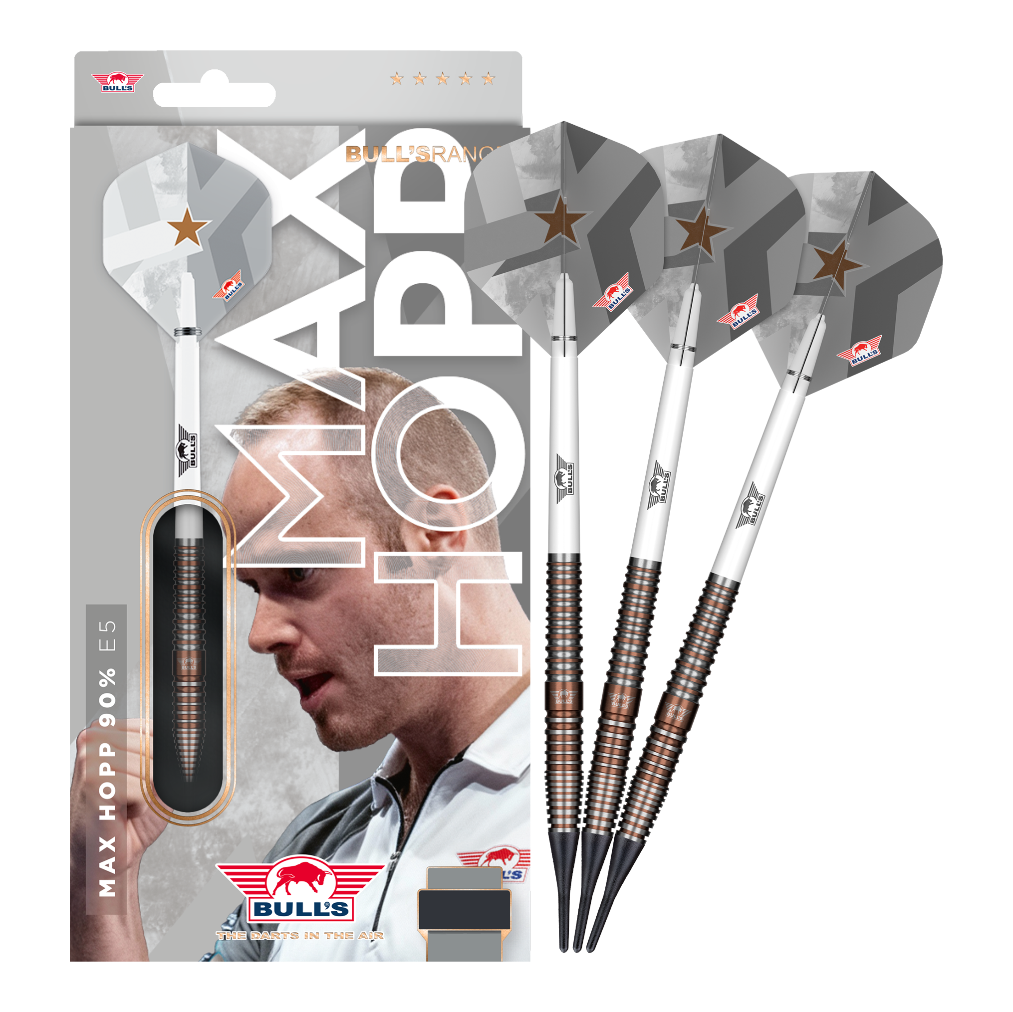 Fléchettes souples Bulls NL Max Hopp E5 - 20 g Zu sehen ist das Set Bulls NL Max Hopp E5 Softdarts im Gewicht 20g. Die Darts sind ideal für Softdart-Enthusiasten geeignet.