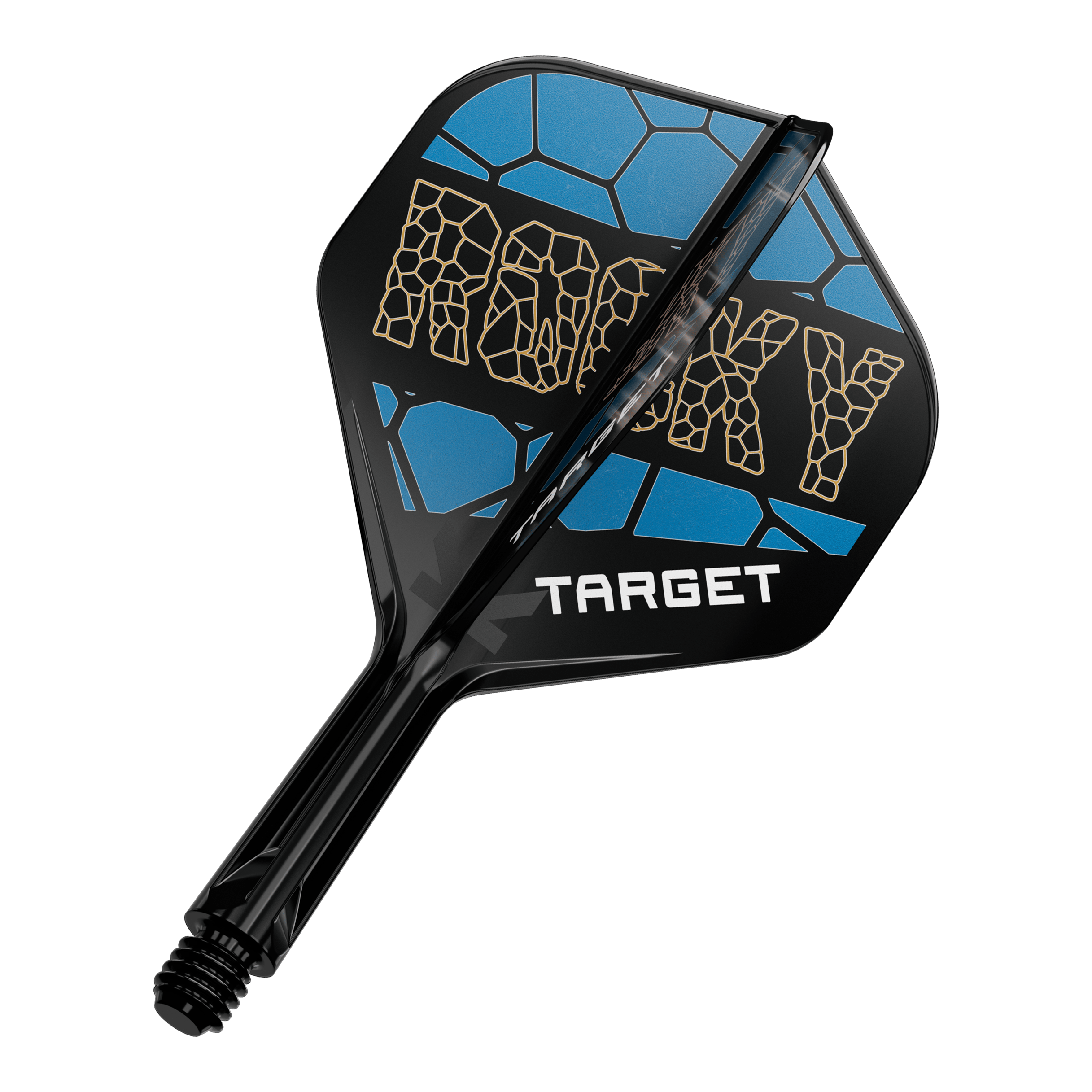 Système de tige de vol standard Target K-Flex Josh Rock n° 2 Auf dem Bild ist ein Dart-Flight-System mit der Aufschrift „ROCKY“ in gelber Schrift zu sehen. Das Design ist schwarz und blau und darunter steht das Wort „TARGET“.