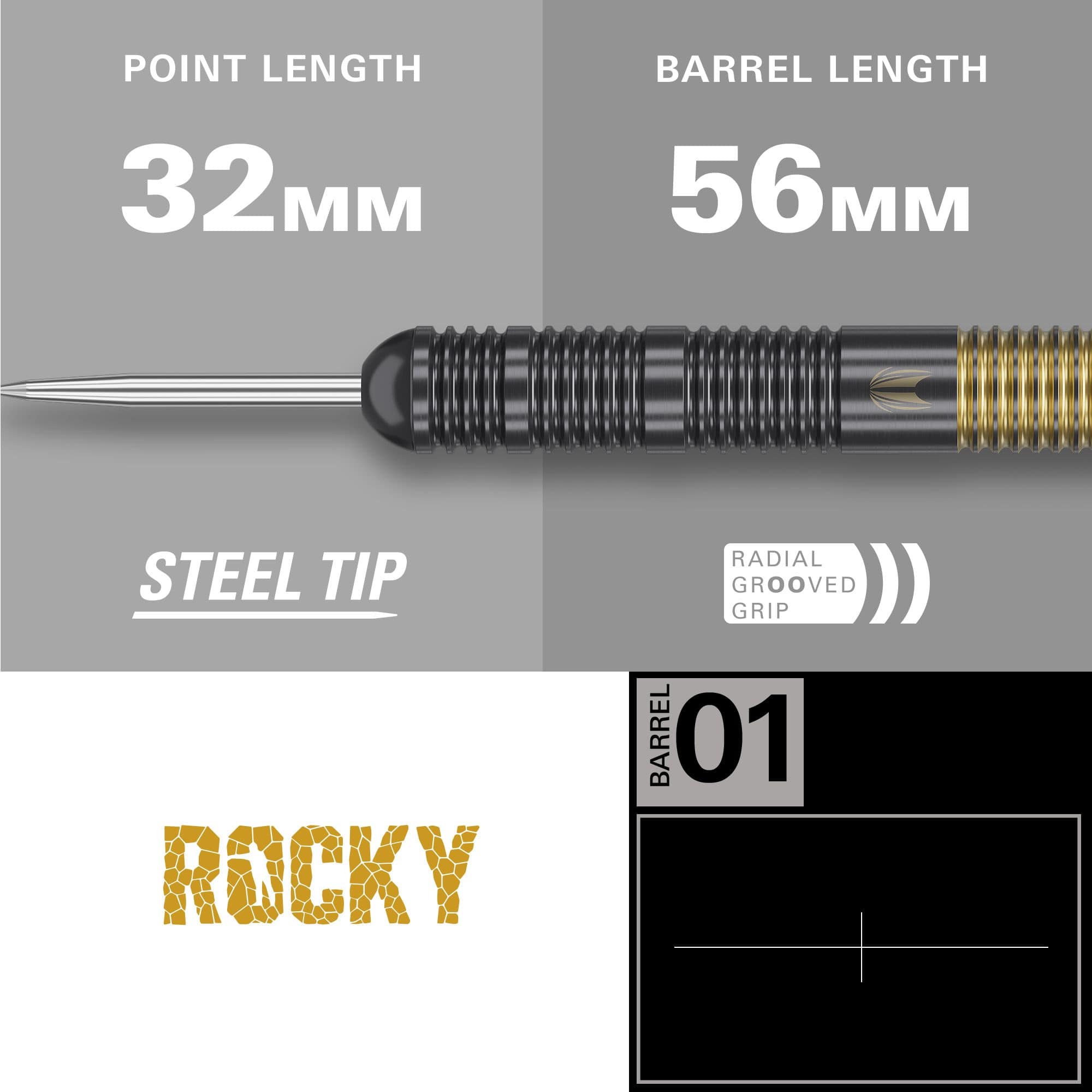 Fléchettes en acier laiton Target Josh Rock - 22 g Das Bild zeigt den Target Josh Rock Brass Steeldart mit einer Stahlspitze. Die Spitzenlänge beträgt 32 mm und die Barrel-Länge 56 mm, mit radial gerilltem Griff.