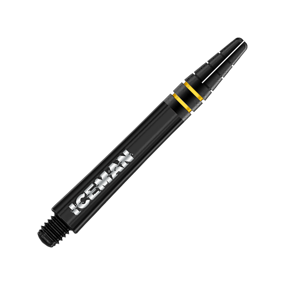 C818_Red_Dragon_Nitrotech_Gerwyn_Price_Shafts_Schwarz_39mm_2 Das Bild zeigt einen schwarzen Dart Shaft mit der Aufschrift "ICEMAN" und goldenen Akzenten. Es handelt sich um das Produkt "Red Dragon Nitrotech Gerwyn Price Shafts Schwarz - 39mm".