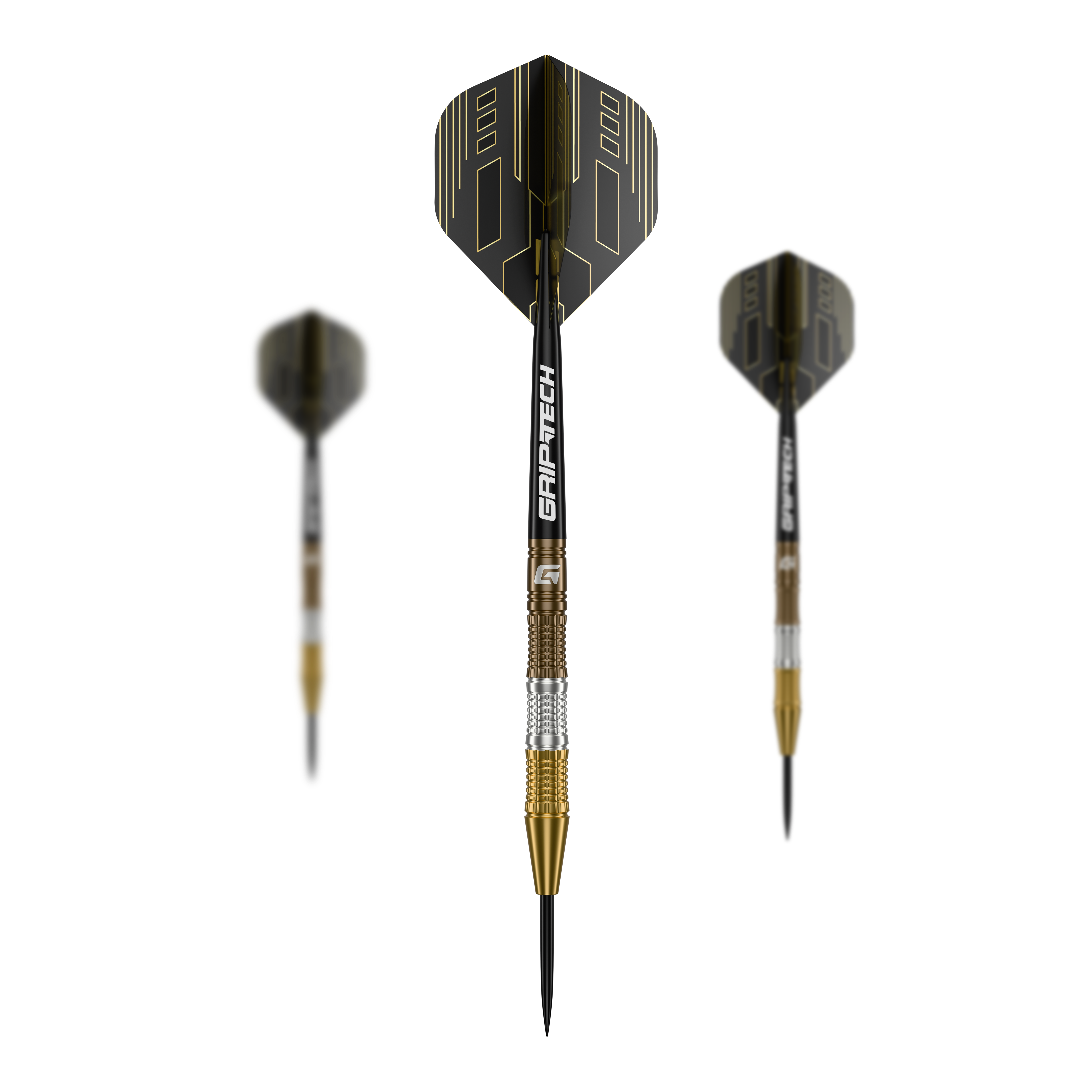 Fléchettes en acier tungstène GOAT Ceremony Das Bild zeigt drei "GOAT Ceremony Tungsten Steeldarts" mit schwarzen und goldenen Elementen. Der mittlere Dart ist im Fokus und zeigt den Schriftzug "GRIP-TECH" auf dem Schaft.