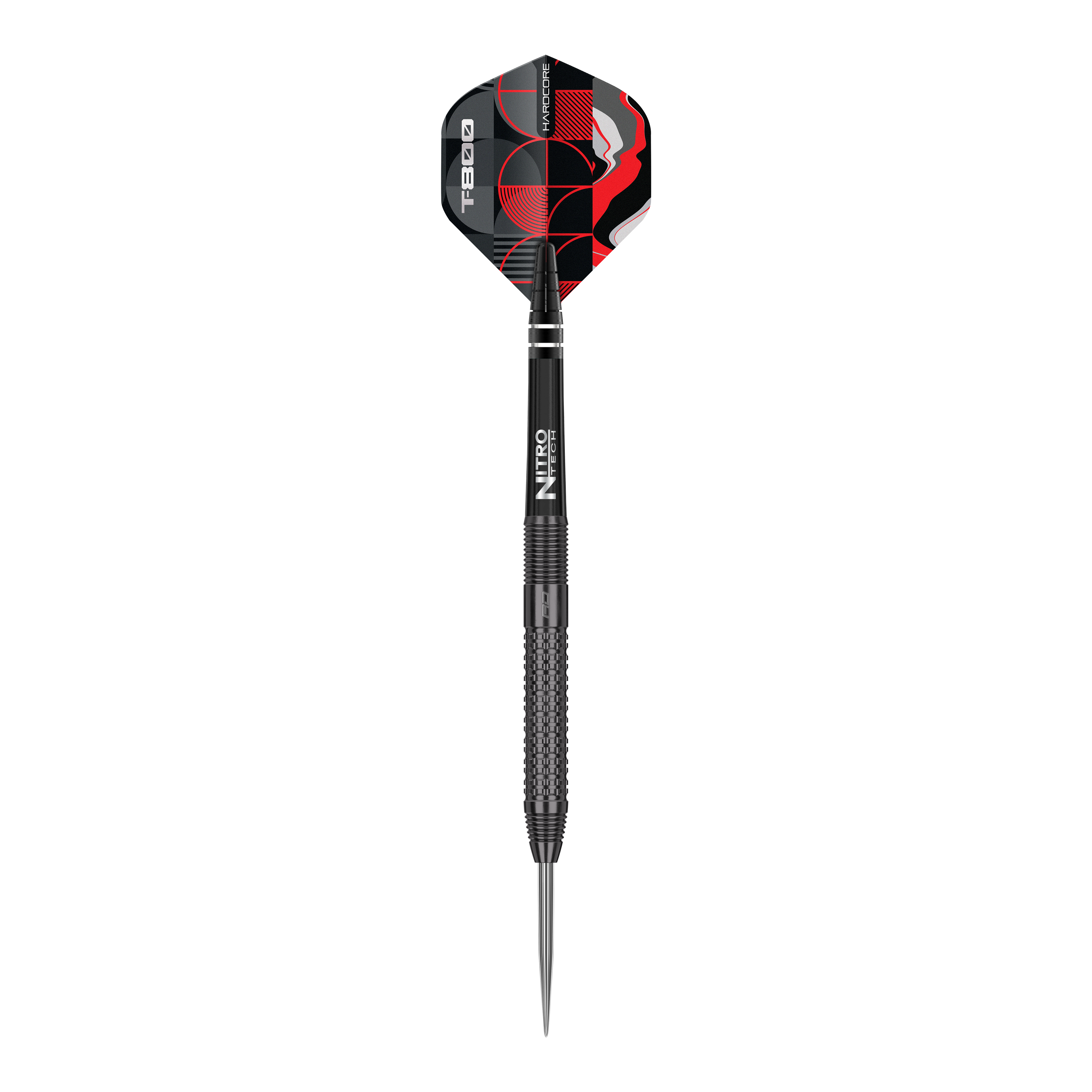 Fléchettes en acier Red Dragon T-800 Das Bild zeigt einen Red Dragon T-800 Steeldart mit einer schwarzen, strukturierten Oberfläche. Die Dartflügel sind schwarz-rot gemustert und tragen den Schriftzug "T-800".