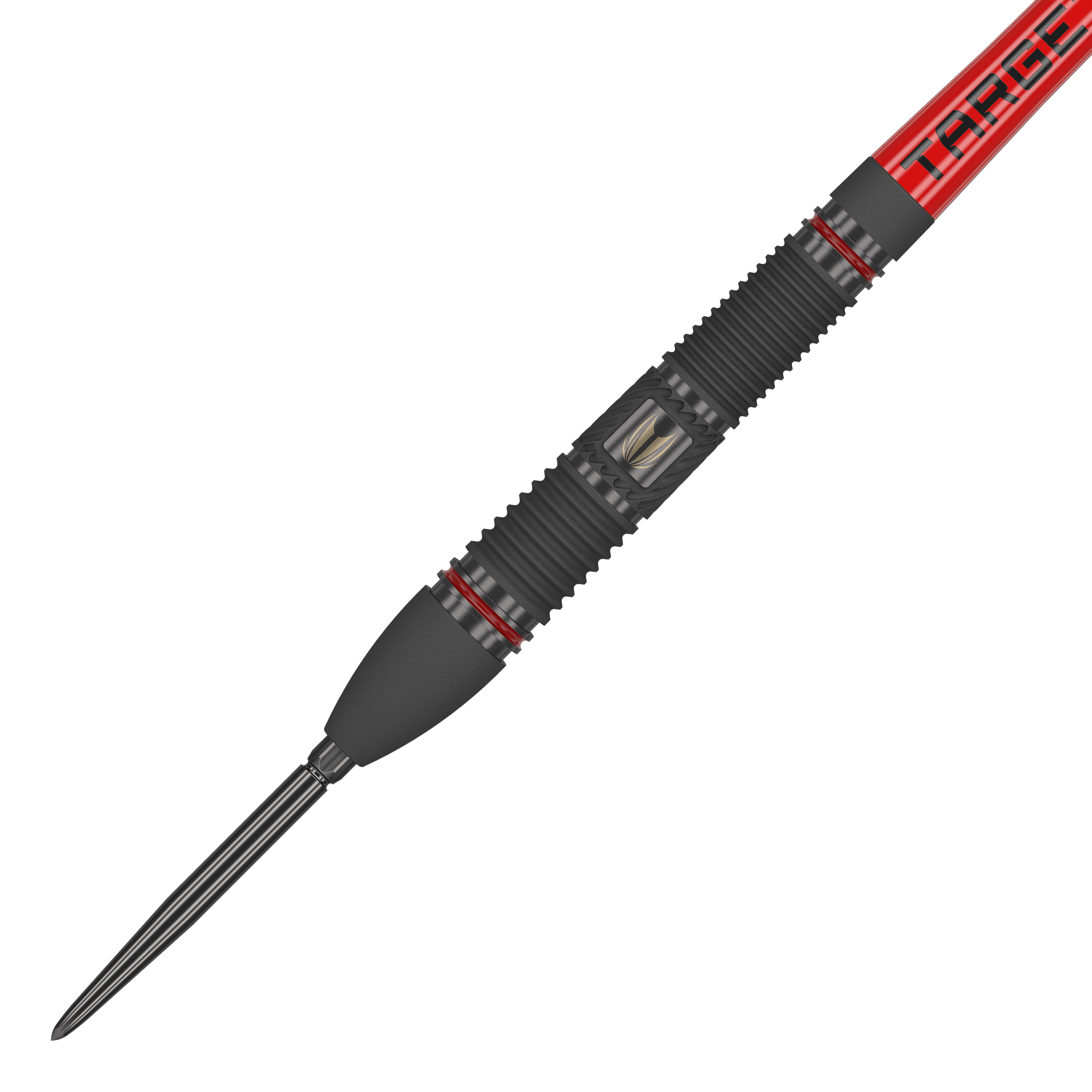 Fléchettes en acier Target Scope 02 Swiss Point Das Bild zeigt einen Target Scope 02 Swiss Point Steeldart mit einem schwarzen und roten Design. Der Dartpfeil hat eine gerillte Griffzone und eine scharfe Metallspitze.