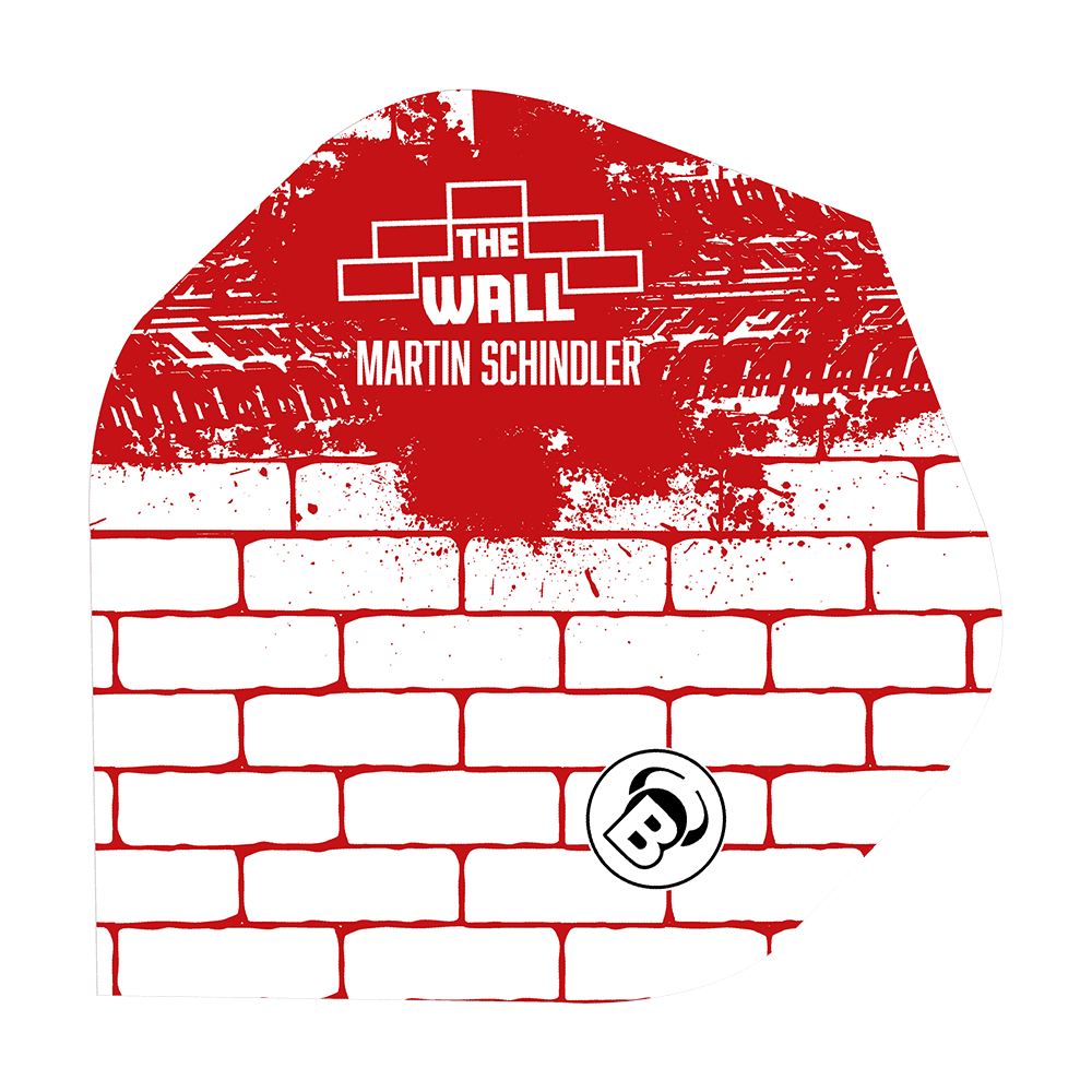 Bulls Metrixx Martin Schindler Blanc Rouge N°2 Vols Standard Das Bild zeigt ein Dart-Flight mit einem weißen Ziegelmuster und roten Farbspritzern. Oben steht „THE WALL MARTIN SCHINDLER“ und unten ist ein „B“-Logo abgebildet.