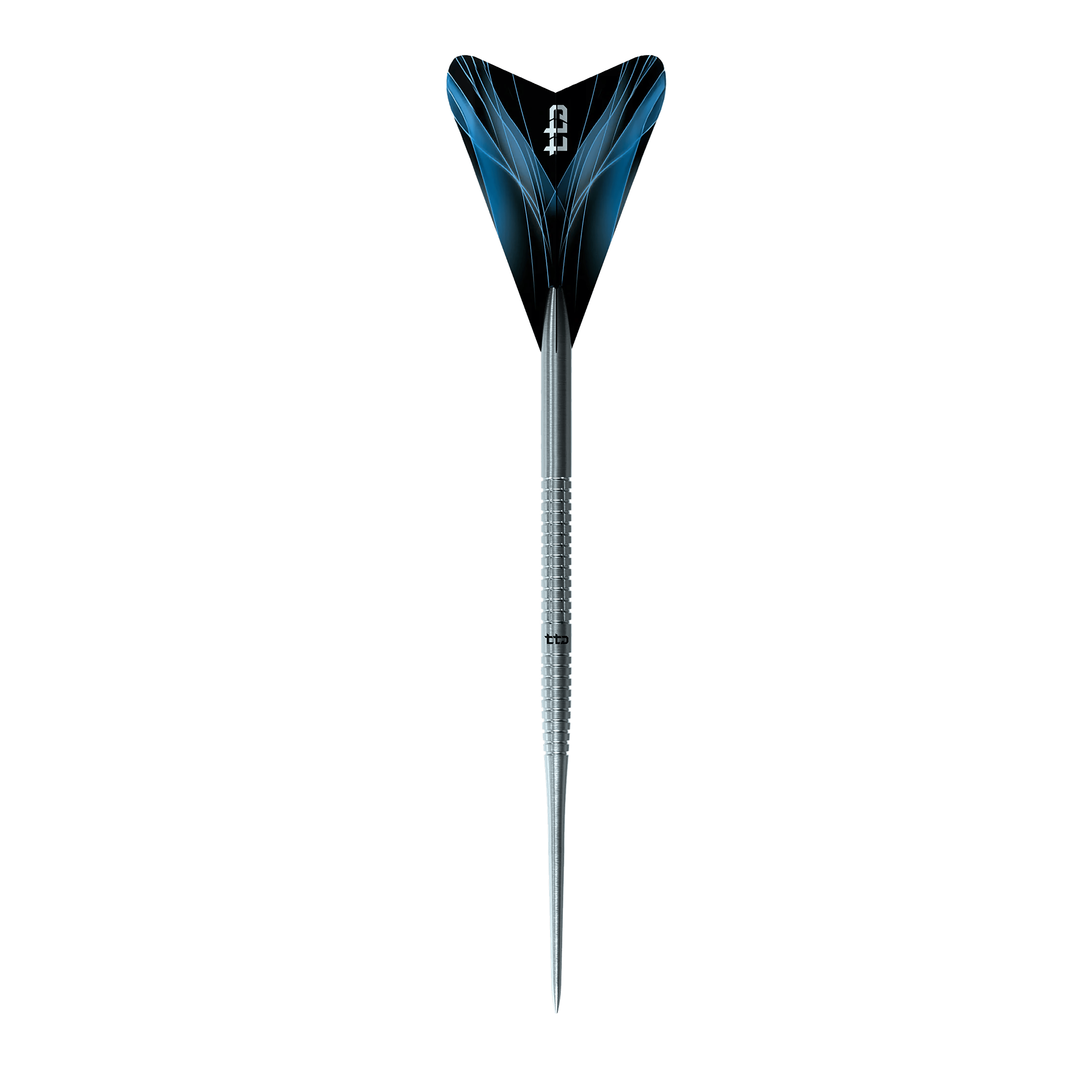 Abgebildet sind die Caliburn TTD Complete Titanium T1 Silver Steeldarts - 5g. Diese silbernen Titan-Darts eignen sich für Profis und Einsteiger.