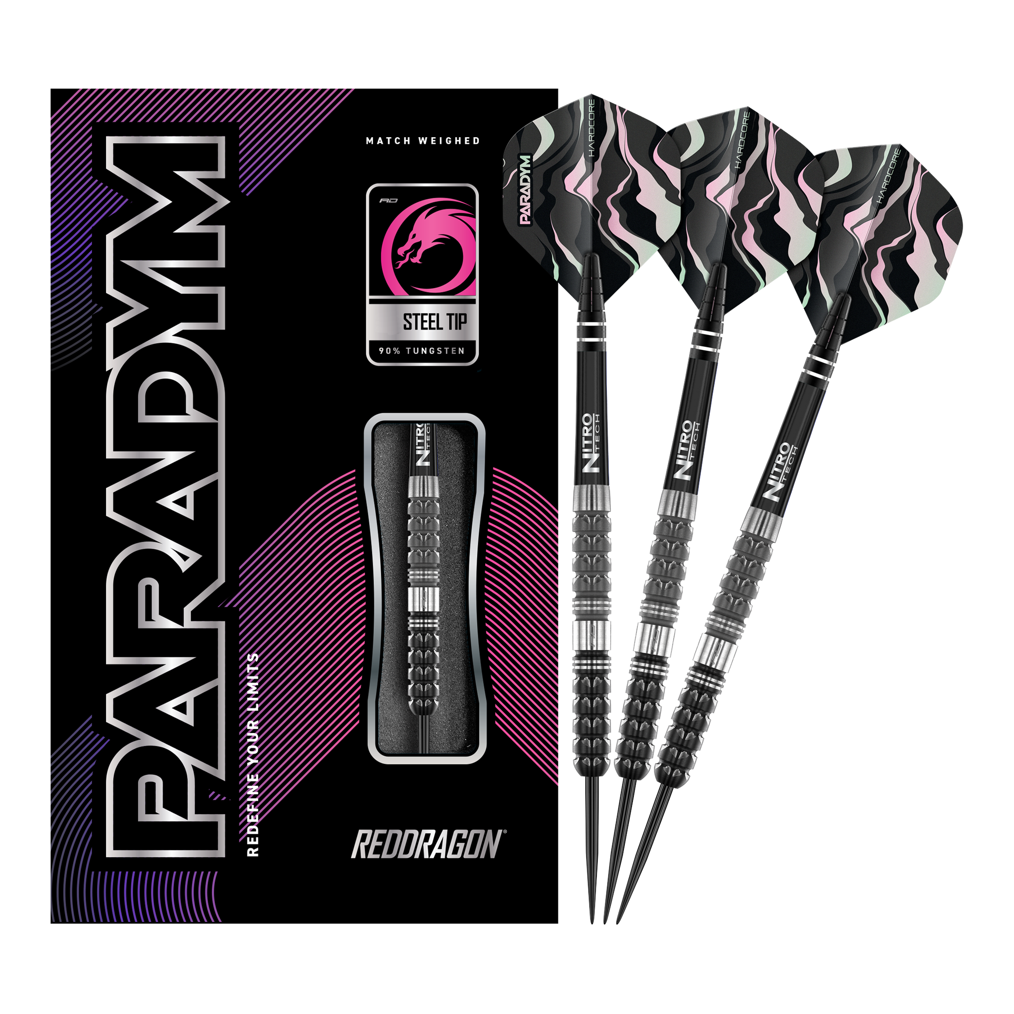 Fléchettes en acier conique Red Dragon Paradym Das Bild zeigt das Produkt "Red Dragon Paradym Tapered Steeldarts" mit einer schwarzen Verpackung und drei Steeldarts. Die Darts haben schwarze, silberne und rosafarbene Details sowie auffällige Flights.