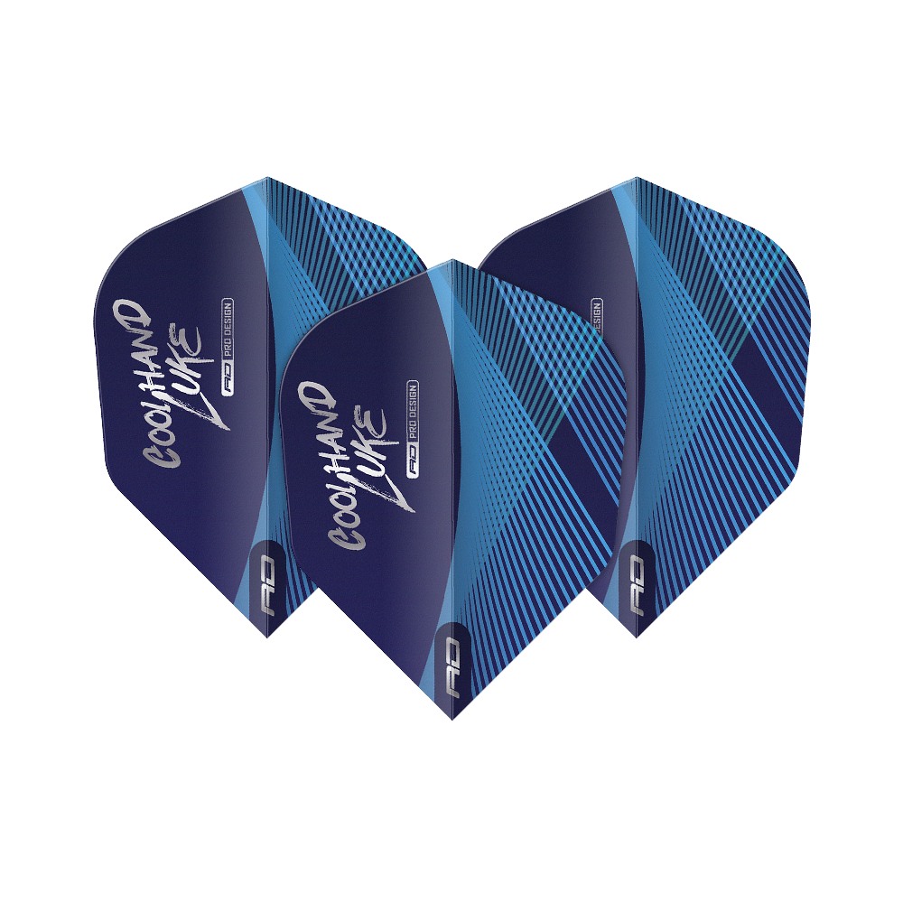 Dragon Rouge Luke Humphries Coolhand Bleu Argent N°6 Vols Das Bild zeigt drei blaue Dart-Flights mit silbernen und blauen Linienmustern. Auf den Flights steht der Schriftzug "Coolhand Luke".