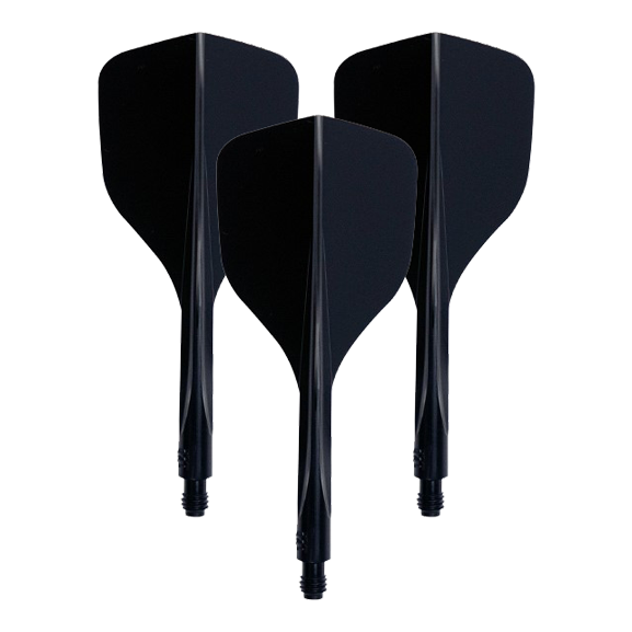 Système de vol Condor Ax 120 Noir - Petit Das Bild zeigt drei schwarze Dart-Flights mit integriertem Schaft. Es handelt sich um das Produkt "Condor Axe 120 Flight-System Schwarz - Small".