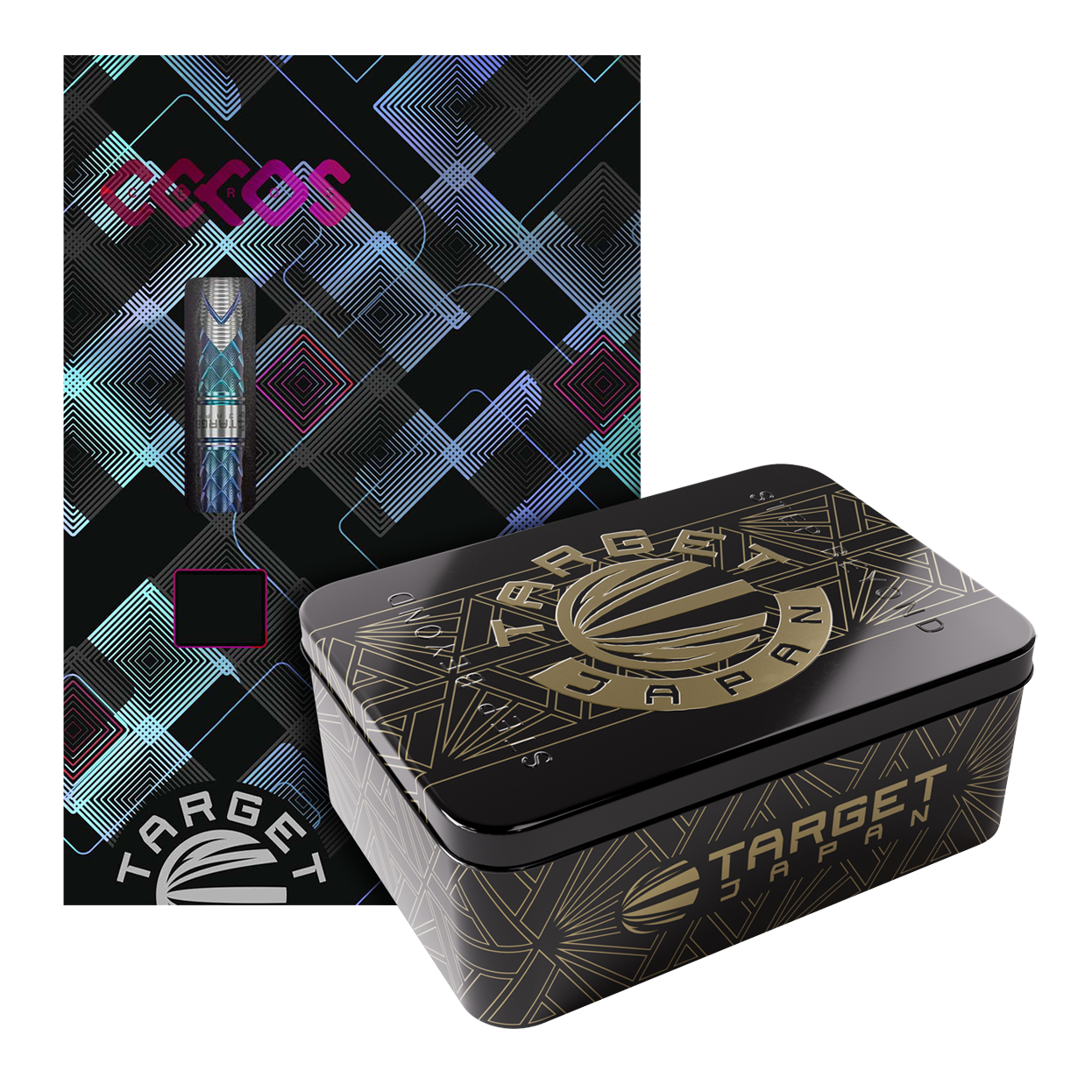 Fléchettes souples Target Japan Kaze Series Ceros 03 - 19 g Das Bild zeigt die "Target Japan Kaze Series Ceros 03 Softdarts - 19g" in einer dekorativen Verpackung. Neben der bunten Kartonverpackung steht eine elegante schwarze Metallbox mit goldenen Verzierungen.