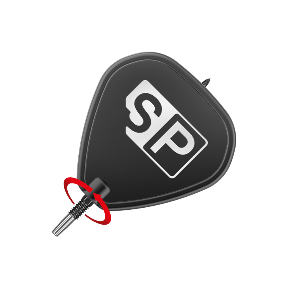 Pointes de fléchettes Target Swiss Point DX - Noir Das Bild zeigt eine schwarze Dartspitze mit der Aufschrift "SP" darauf. Ein roter Pfeil deutet auf eine Drehbewegung an der Schraubstelle hin.