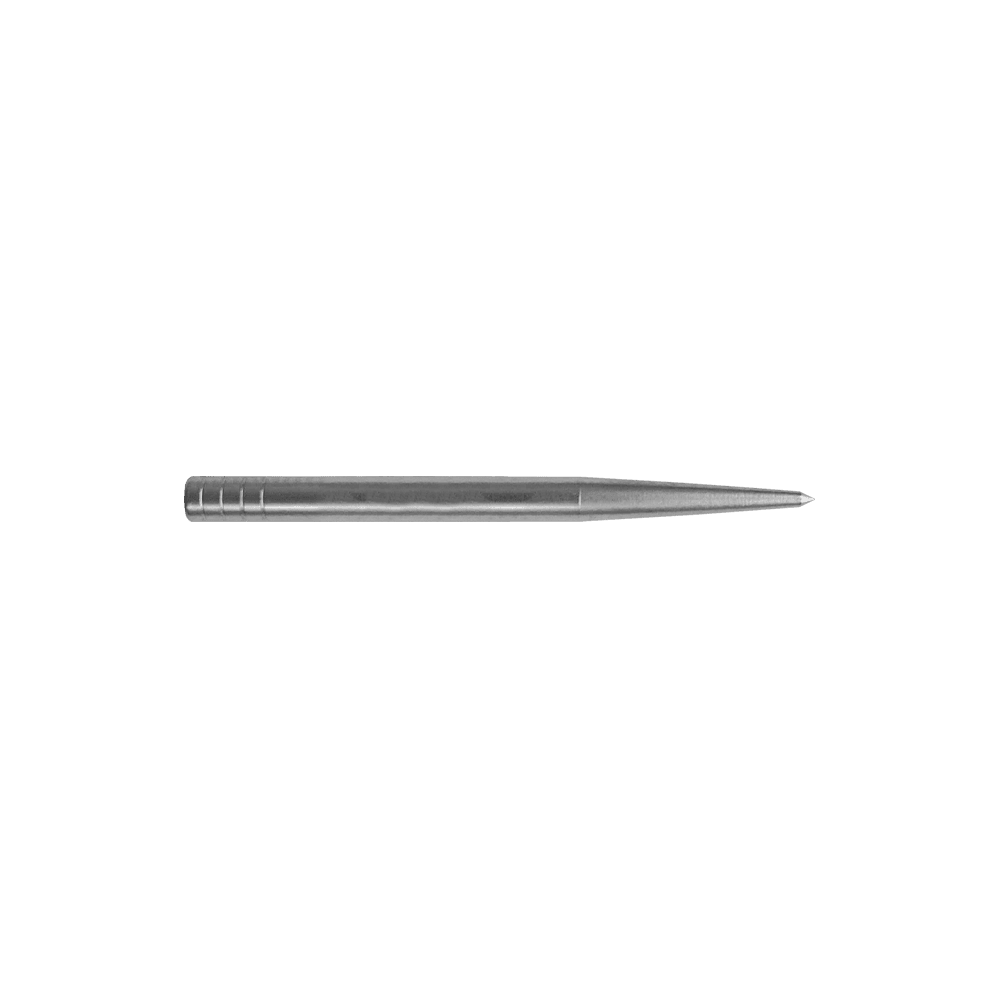 Pointes de fléchettes Condor Beak Point sans découpe Das Bild zeigt eine silberne Dartspitze, die lang und schmal ist. Sie hat keine zusätzlichen Schnitte und misst 32 mm in der Länge.