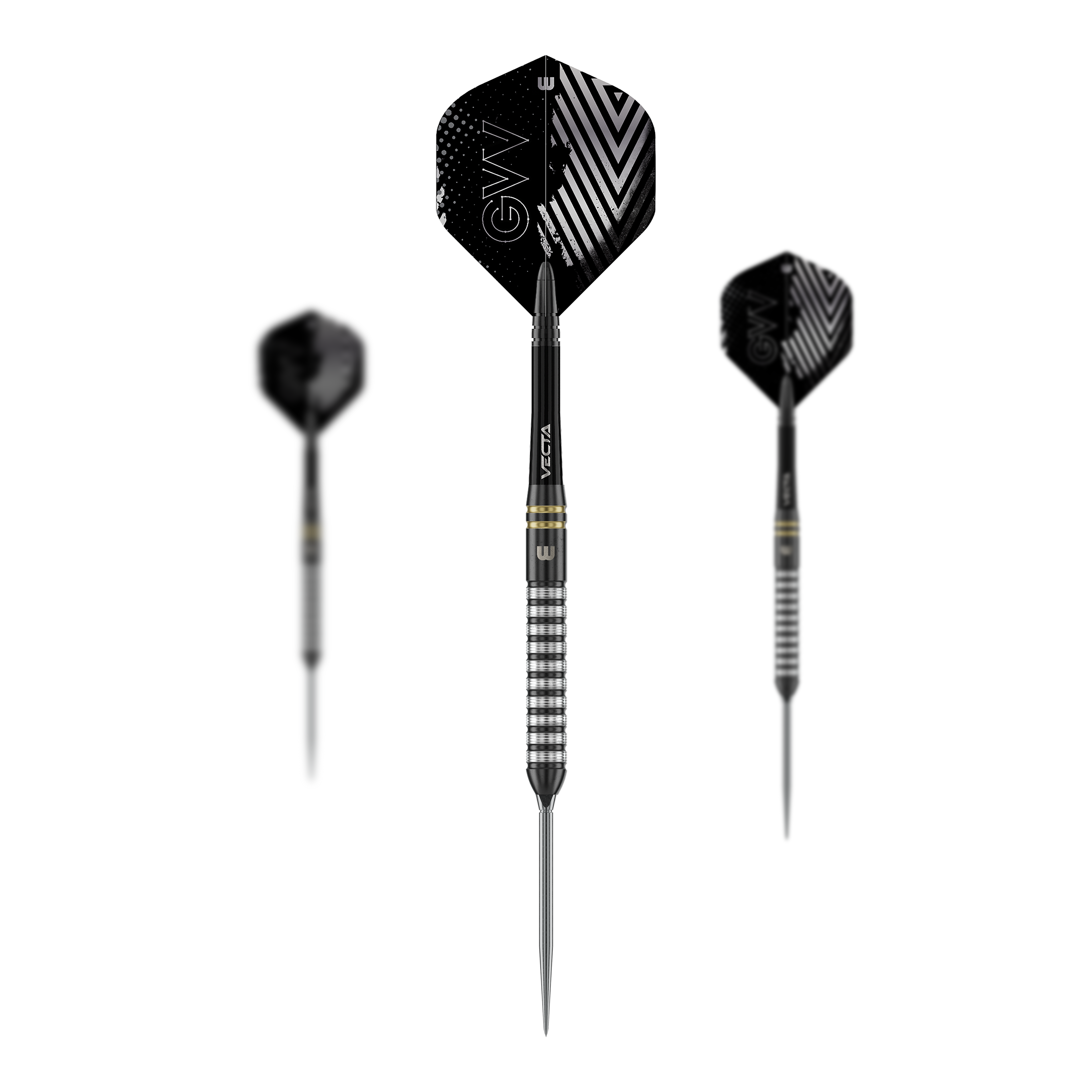 Fléchettes en acier Winmau Gian Van Veen TS Switch Point Zu sehen sind Winmau Gian Van Veen TS Switch Point Steeldarts als Set. Das Bild zeigt mehrere Darts nebeneinander.