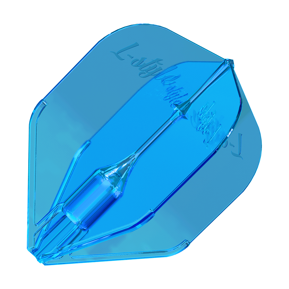 Vols L-Style Fantom L3EZ Bleu Das Bild zeigt ein blaues Dart-Flight mit dem Namen "L-Style Fantom L3EZ". Es hat eine transparente Optik und die Aufschrift "L-Style" ist darauf zu sehen.