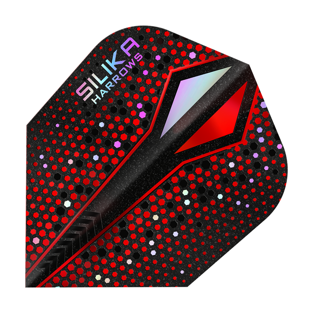 Revêtement cristallin résistant Harrows Silika Colourshift Red-X No6 Das Bild zeigt ein Dart-Flight mit einem auffälligen roten und schwarzen Punktmuster. In der oberen Ecke steht der Schriftzug "Silika Harrows".