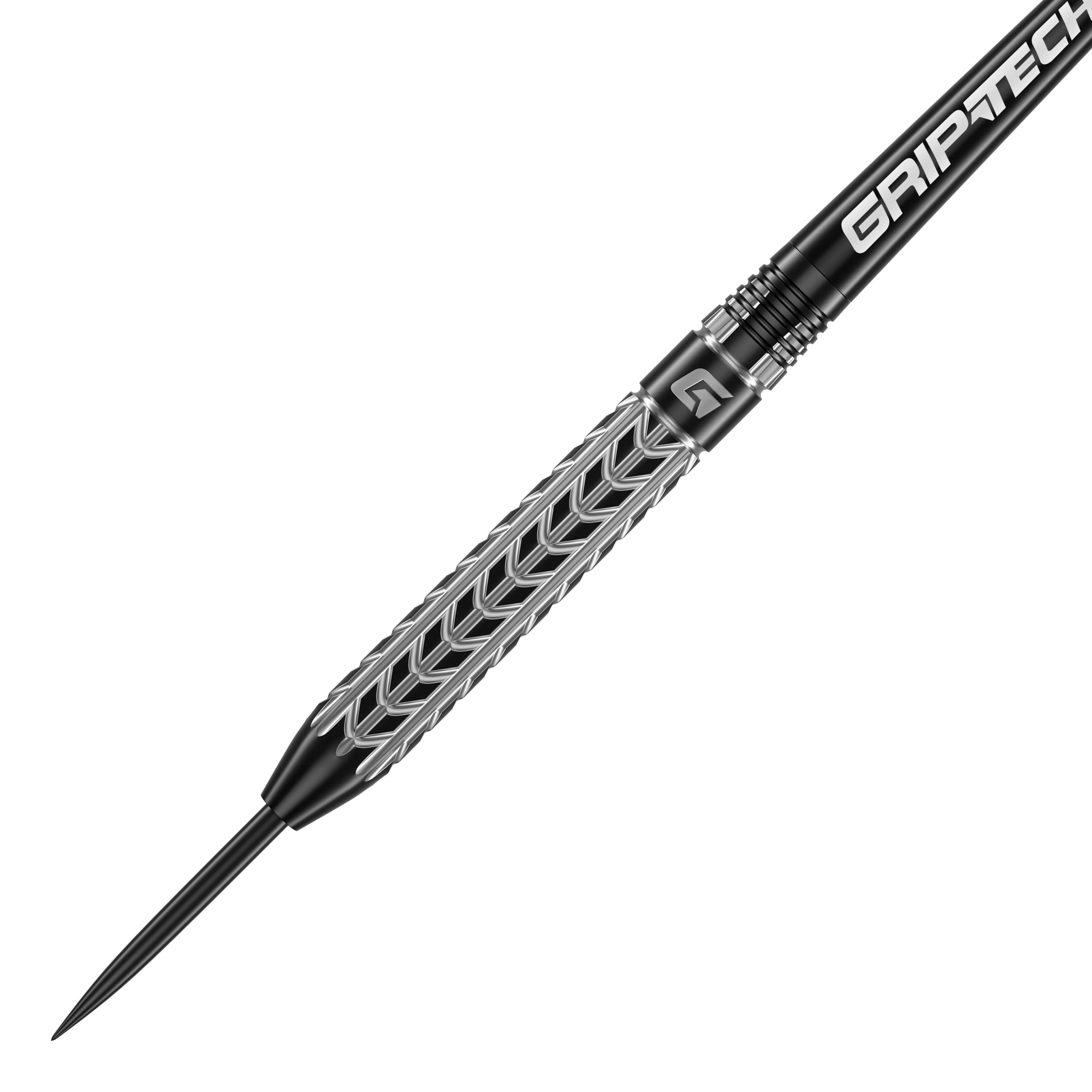 Fléchettes GOAT Traction en acier tungstène Das Bild zeigt einen GOAT Traction Tungsten Steeldart mit einem silbernen, strukturierten Griffbereich. Auf dem Schaft steht in weißer Schrift "GRIPTECH".