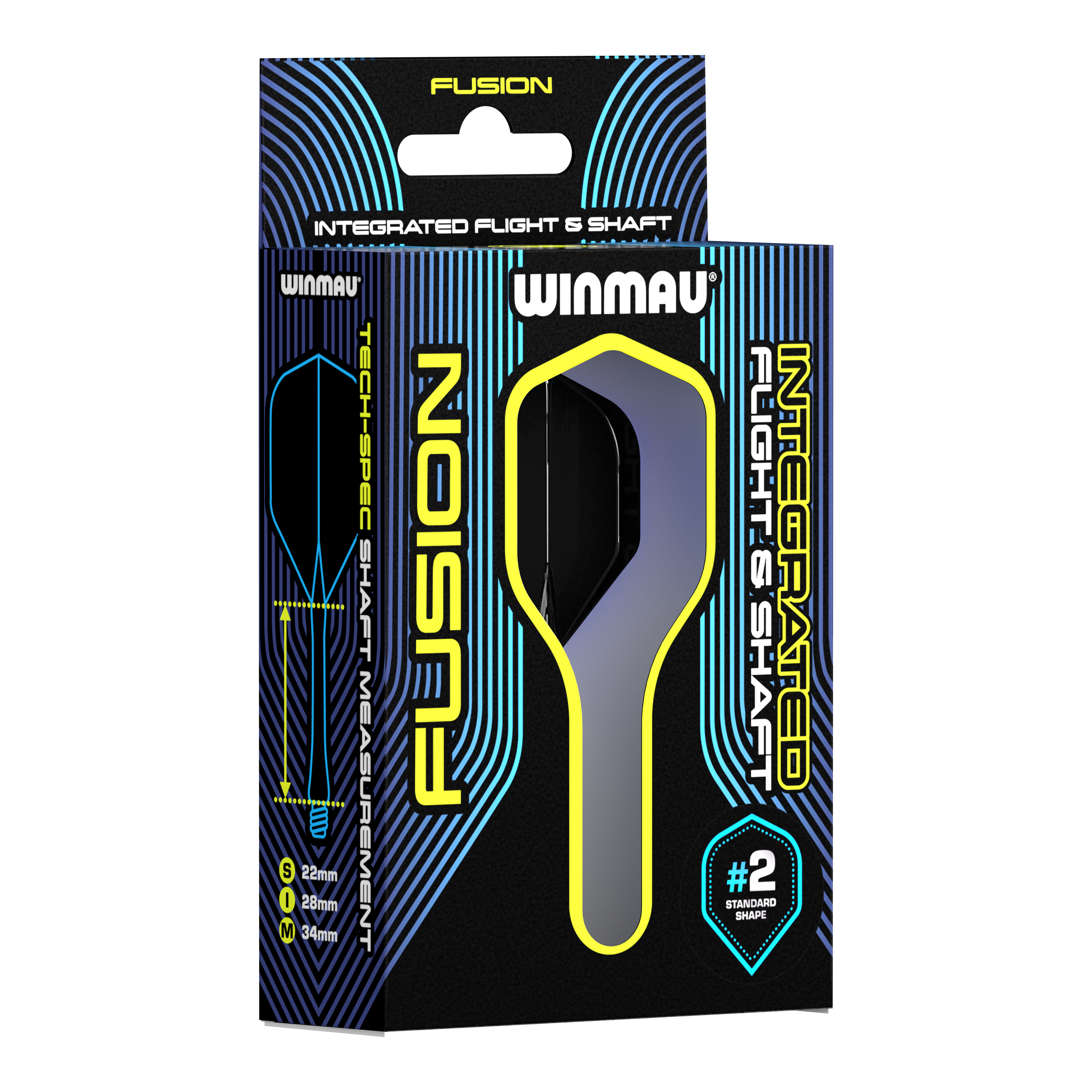 Système d'arbre de vol Winmau Fusion Standard Noir Auf dem Bild ist eine Verpackung des Winmau Fusion Integrated Flight & Shaft Systems zu sehen. Die Schachtel ist schwarz mit blauen und gelben Akzenten und enthält Flights und Shafts für Darts.