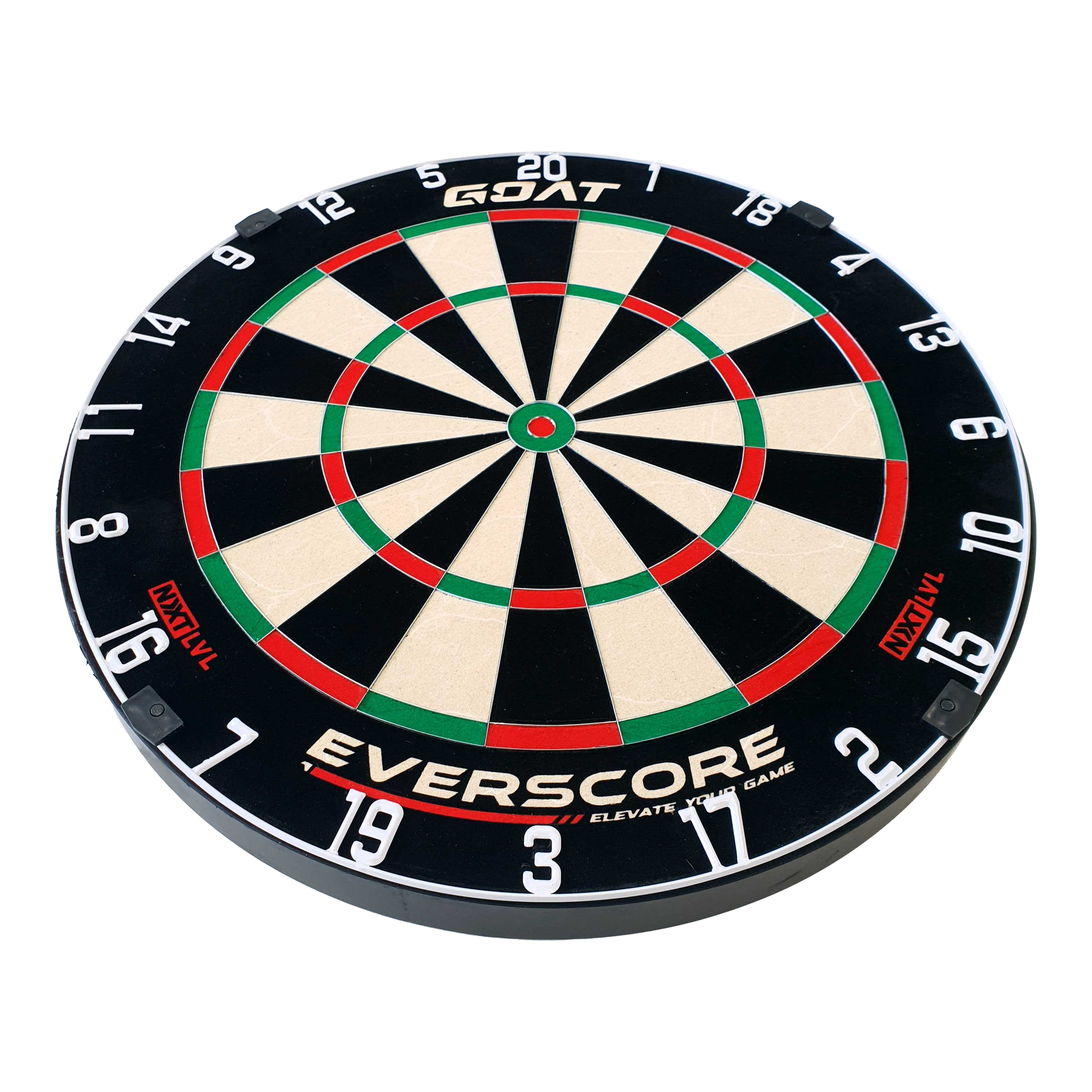 Cible de fléchettes en acier GOAT Everscore Das Bild zeigt eine GOAT Everscore Steeldartboard. Die Dartscheibe ist rund und hat farbige Segmente sowie gut sichtbare Zahlen am Rand.