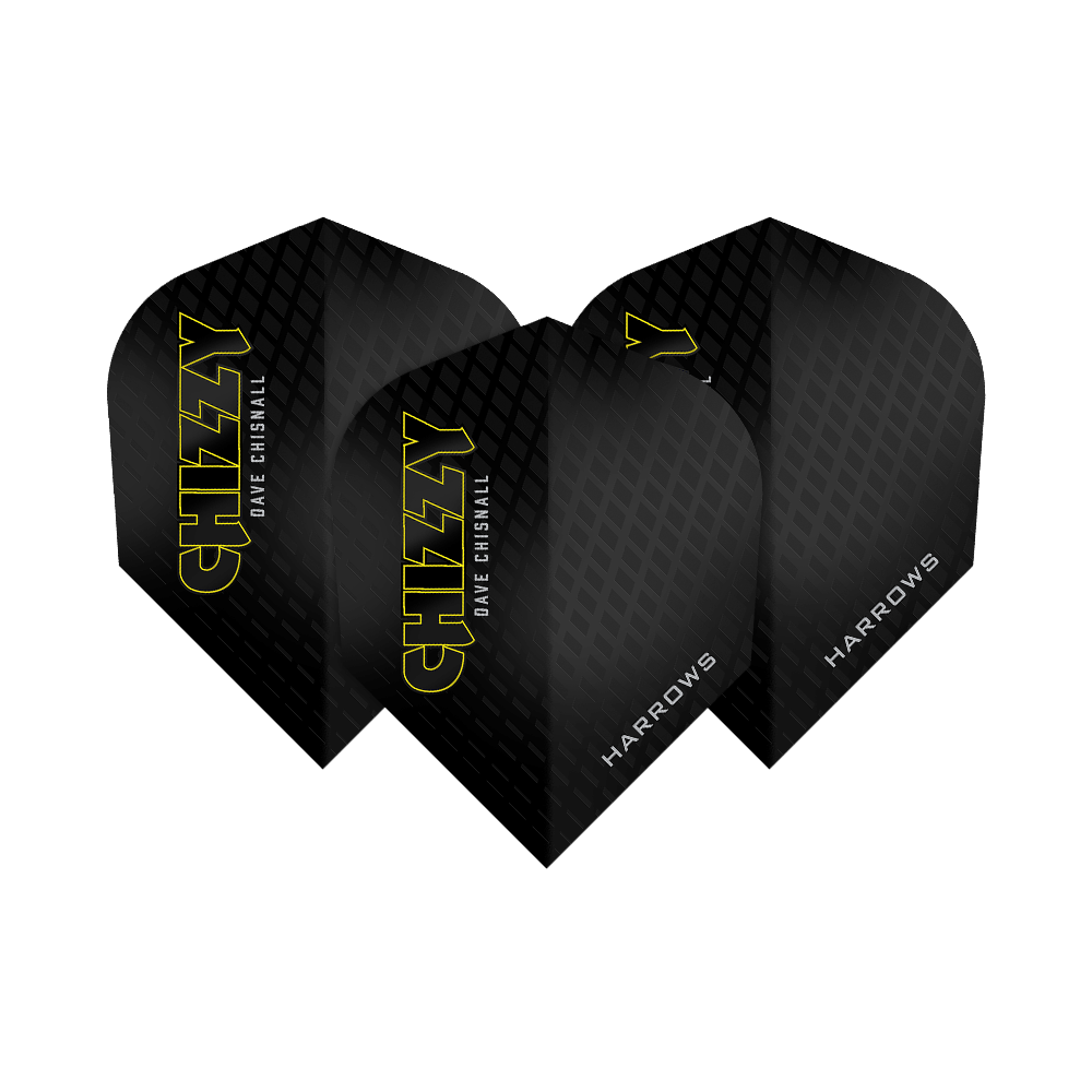 Les vols de la série 3 de Dave Chisnall Chizzy de Harrow Das Bild zeigt drei Dartflights der Marke Harrows aus der Dave Chisnall Chizzy Series 3. Die Flights sind schwarz mit gelbem Schriftzug „CHIZZY“ und verfügen über ein dezentes Rautenmuster.