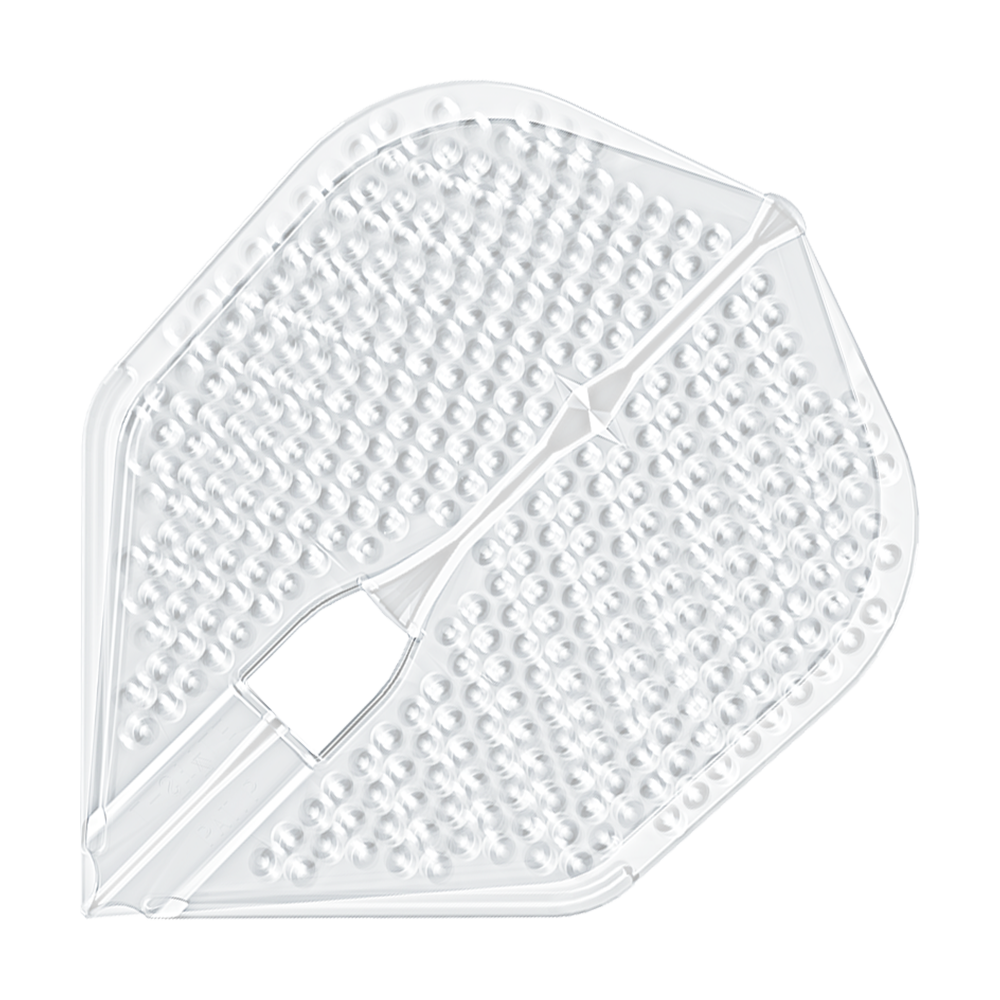 Vols de style L Dimple Champagne Forme L3PRO Das Bild zeigt ein durchsichtiges Dartflight mit einer dimpled (genoppten) Oberfläche. Es handelt sich um das Produkt "L-Style Flights Dimple Champagne L3PRO Shape".