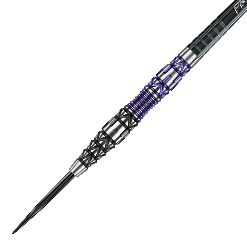 Fléchettes en acier Winmau Simon Whitlock Édition Spéciale 2020 Das Bild zeigt einen Winmau Simon Whitlock Special Edition 2020 Steeldart. Der Dart hat ein auffälliges Design mit schwarzen, silbernen und violetten Elementen am Griff.