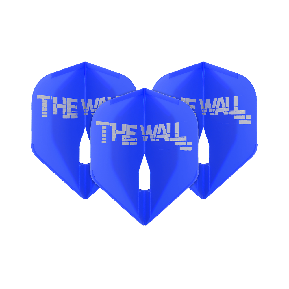 Vols L-Style Martin Schindler Blue L1PRO Das Bild zeigt drei blaue Dartflights mit der Aufschrift "THE WALL". Es handelt sich um das Produkt 'L-Style Martin Schindler Blau L1PRO Flights'.