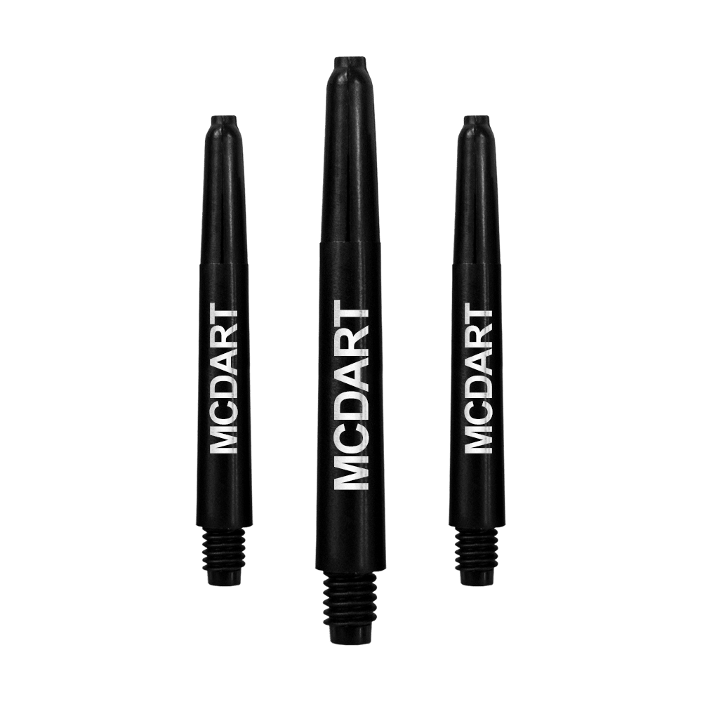 Auf dem Bild sind drei schwarze Dartschäfte aus Nylon zu sehen. Auf jedem Schaft steht in weißer Schrift das Wort "MCDART".