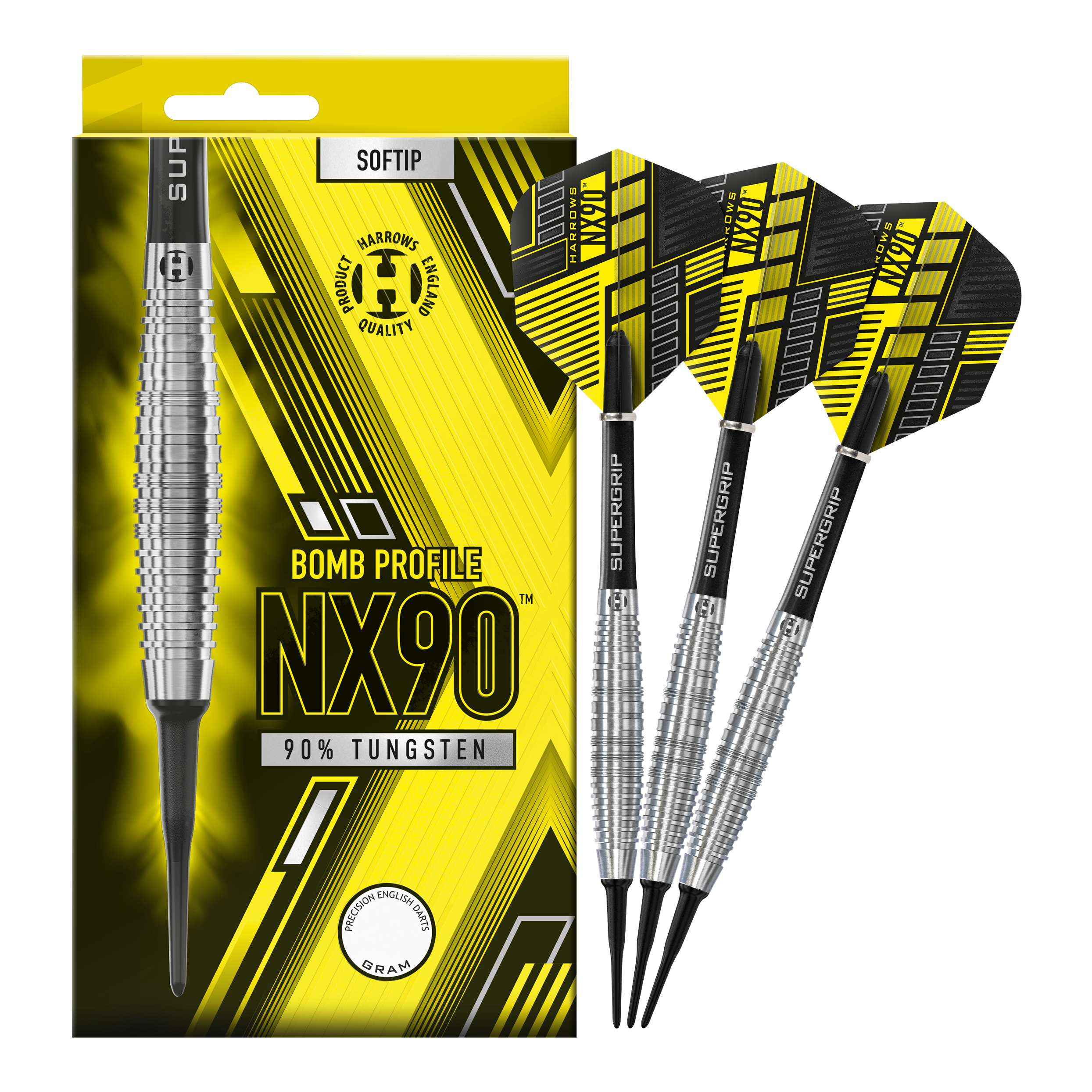 Fléchettes souples Harrows NX90 Bomb Das Bild zeigt eine Packung Harrows NX90 Bomb Softdarts mit auffälligem gelb-schwarzem Design. Neben der Verpackung sind drei Softdarts mit silbernen Griffen und schwarzen Flights zu sehen.