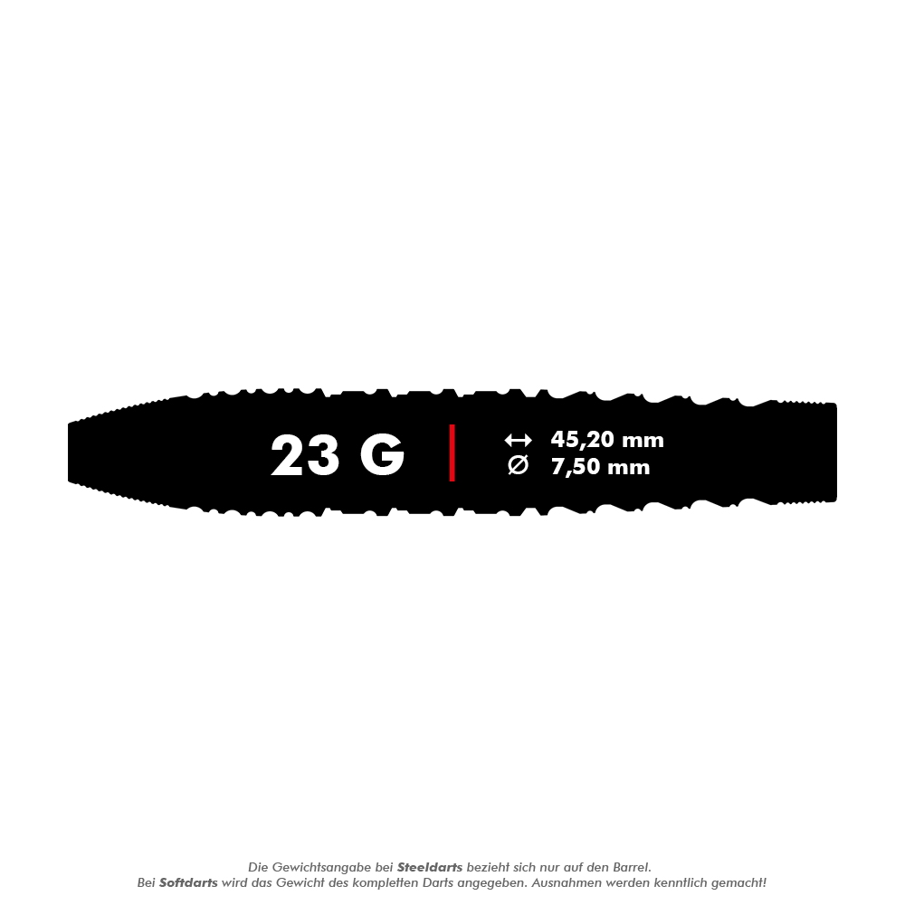 Das Bild zeigt die Maße und das Gewicht des Produkts "Target Japan Prime Series Tung Suk Zenith GEN1 Swiss Point Steeldarts - 23g". Der Dart wiegt 23 Gramm, ist 45,20 mm lang und hat einen Durchmesser von 7,50 mm.