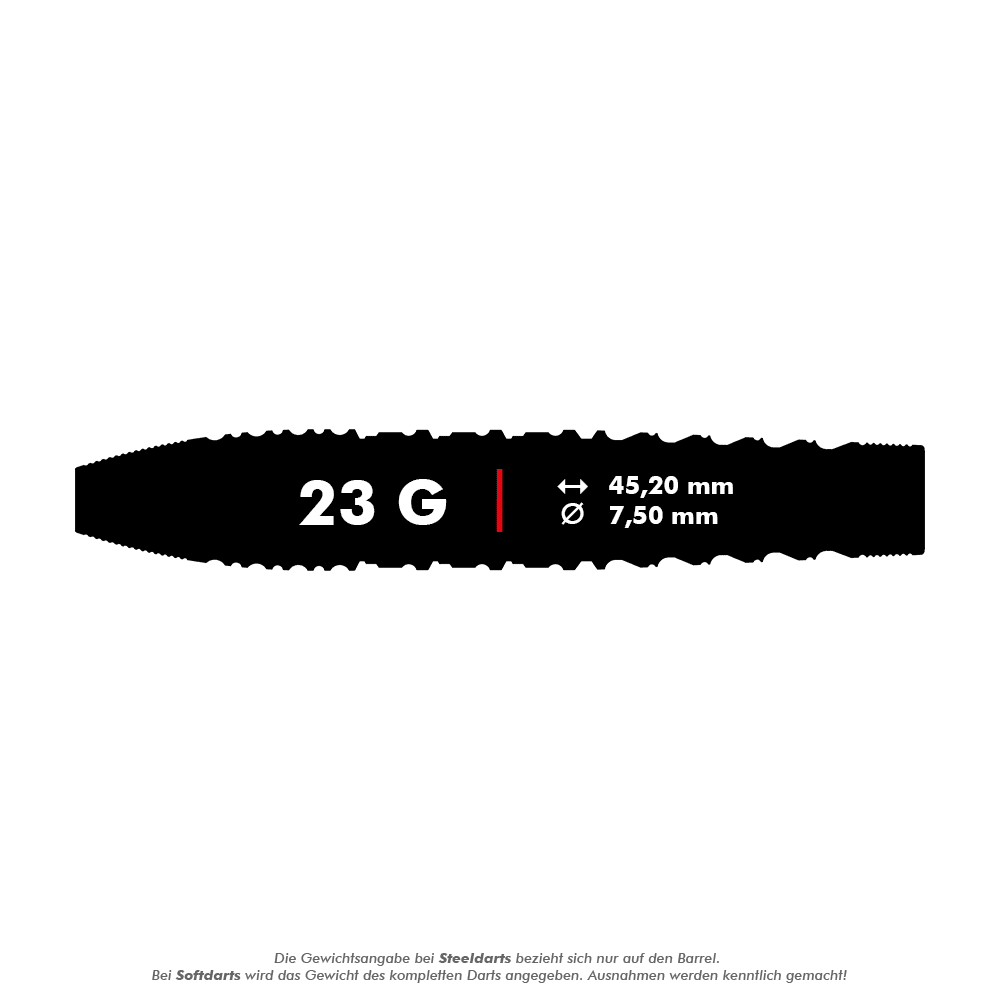 Fléchettes en acier Target Japan Prime Series Tung Suk Zenith GEN1 Swiss Point - 23 g Das Bild zeigt die Maße und das Gewicht des Produkts "Target Japan Prime Series Tung Suk Zenith GEN1 Swiss Point Steeldarts - 23g". Der Dart wiegt 23 Gramm, ist 45,20 mm lang und hat einen Durchmesser von 7,50 mm.