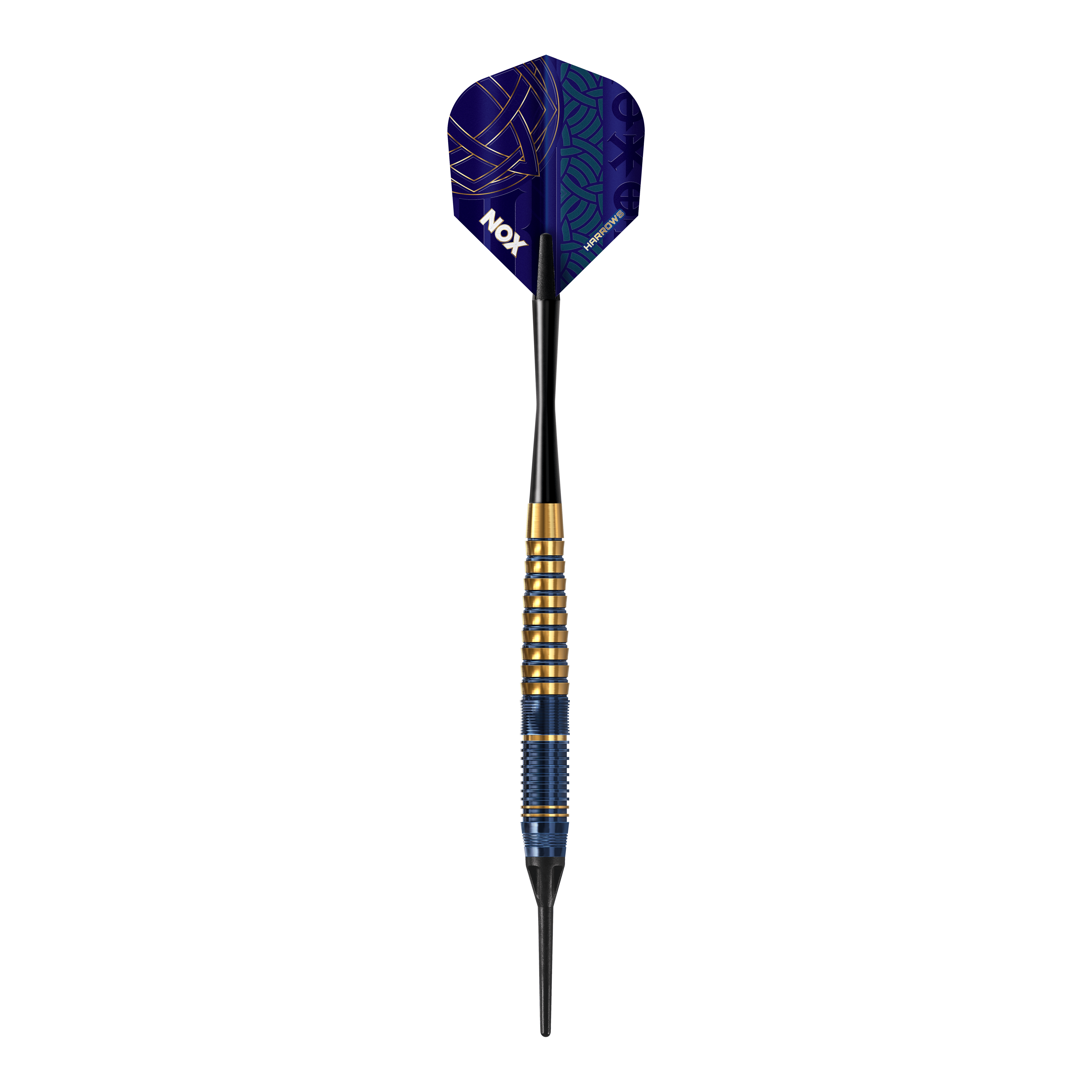 Fléchettes souples en laiton premium Harrows Nox Harrows Nox Premium Brass Softdarts. Gezeigt wird ein Softdart-Set aus der Nox Premium Brass Serie von Harrows.