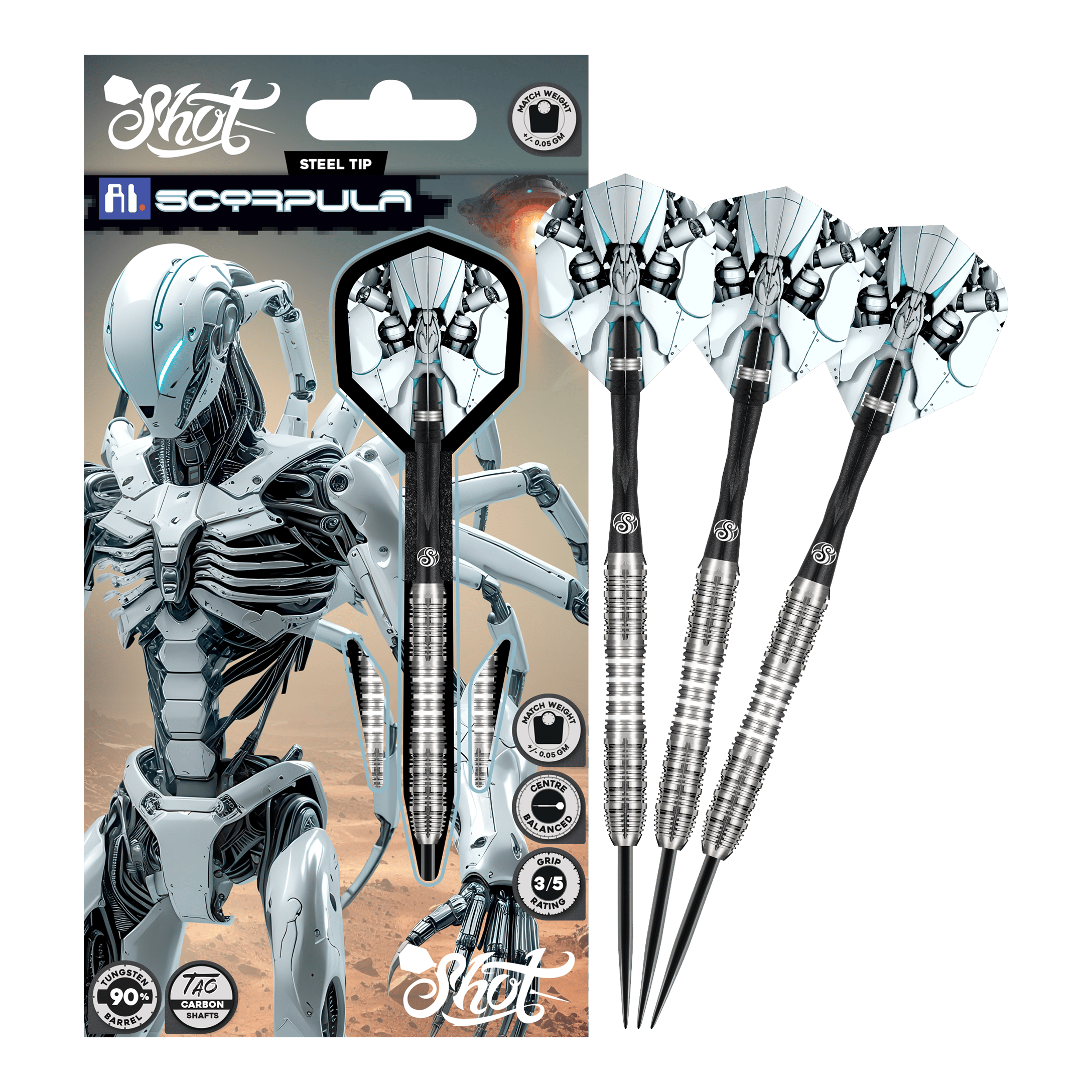 Shot IA Scorpula Steeldarts Zu sehen sind die Shot AI Scorpula Steeldarts in ihrer gesamten Länge. Das Produkt ist hochwertig verarbeitet.