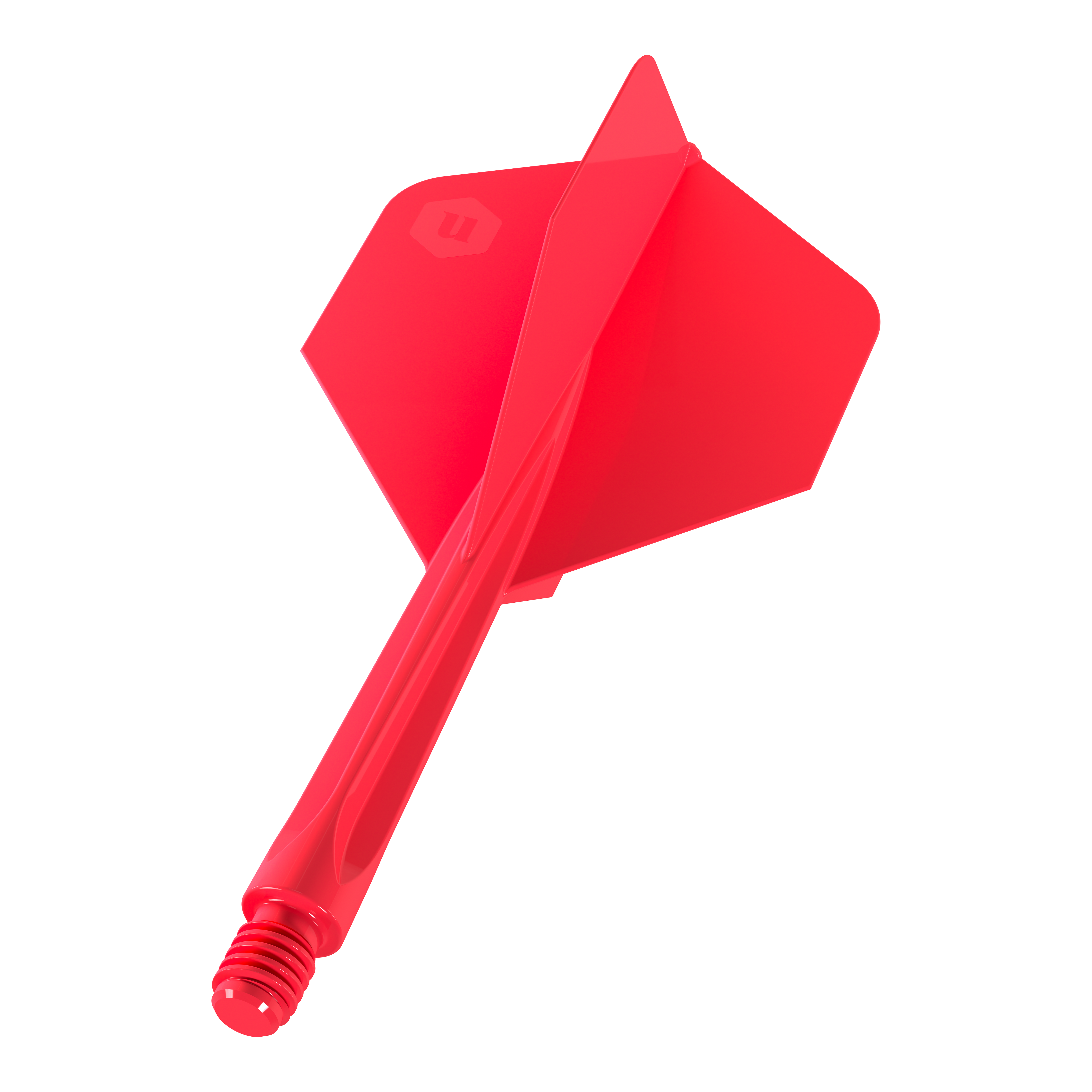 Ailettes standard Unicorn Forge All In One Plus No2 Rouge - Moyennes Das Bild zeigt einen roten Dartflügel mit Schaft der Marke "Unicorn Forge All In One Plus No2 Standard Flights Rot - Medium". Er besteht aus einem Stück und ist für den Einsatz in Dartpfeilen gedacht.