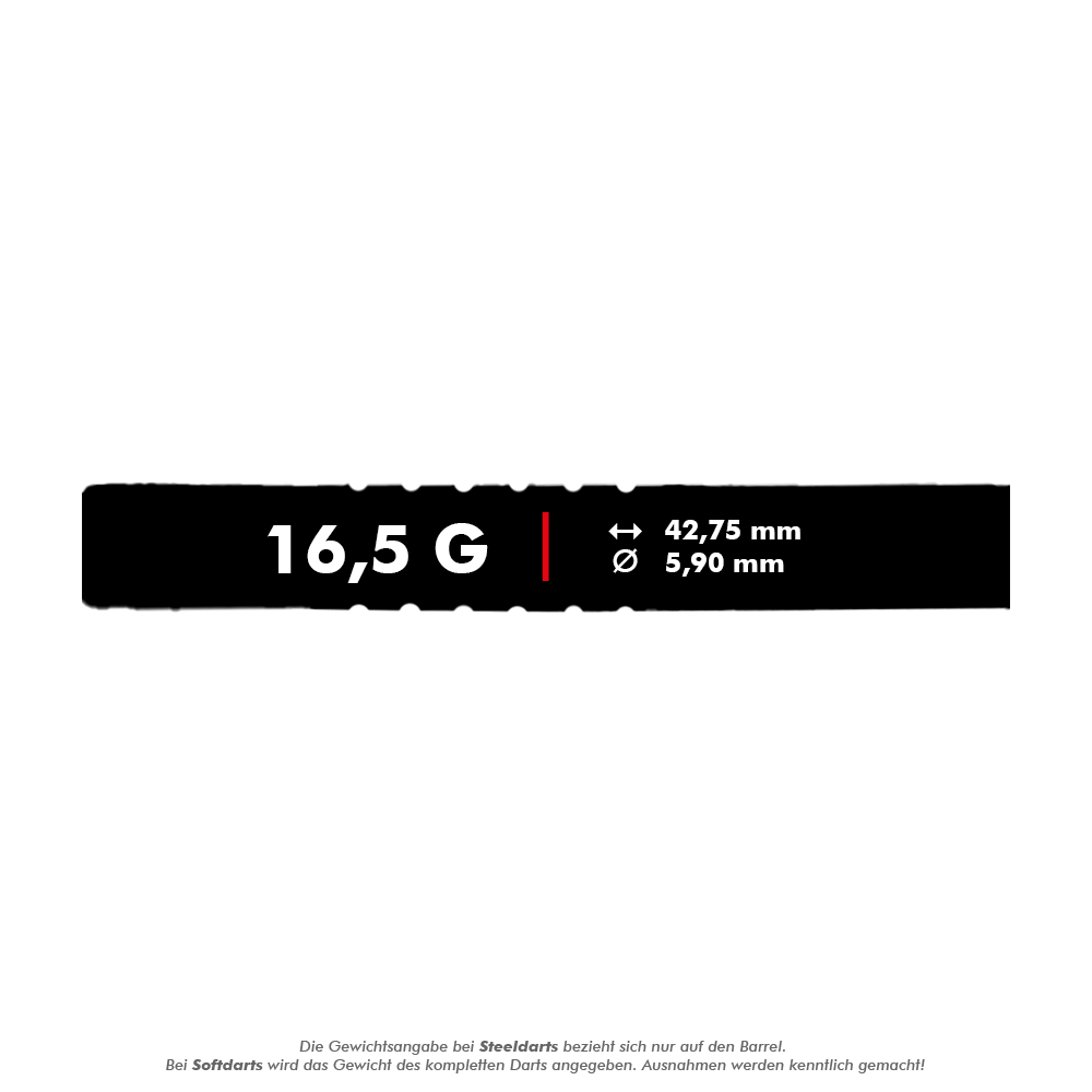 Fléchettes souples McDart 85 Tungstène V19 - 16,5 g Das Bild zeigt die technischen Daten des Produkts "McDart 85er Tungsten V19 Softdarts - 16,5g". Der Dart wiegt 16,5 Gramm, ist 42,75 mm lang und hat einen Durchmesser von 5,90 mm.
