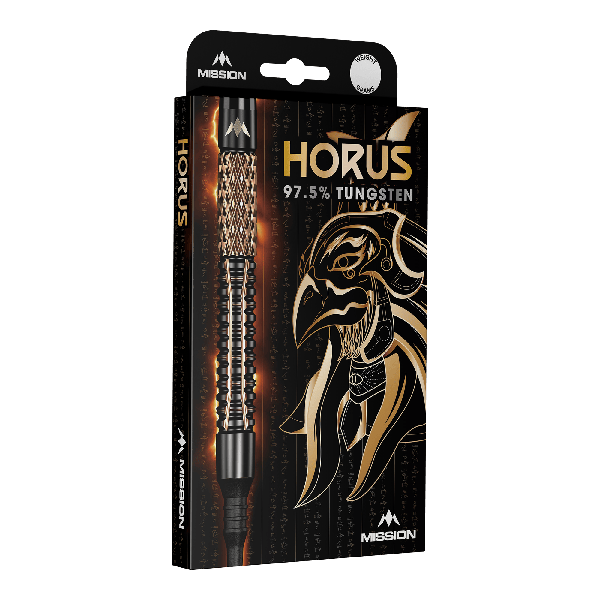 Fléchettes souples Mission Horus - 19 g Die Abbildung zeigt die Verpackung der "Mission Horus Softdarts - 19g". Auf der Vorderseite sind der Dartpfeil, der Produktname und ein goldener Horus-Kopf abgebildet.