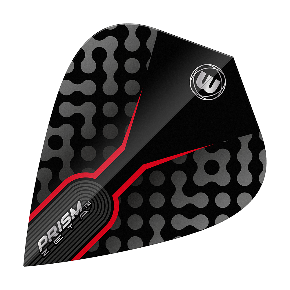 Vols de cerf-volant royal noir Winmau Zeta Das Bild zeigt ein Winmau Zeta Black Red Kite Flight für Darts. Das Flight ist schwarz mit grauen Punkten und auffälligen roten Akzenten gestaltet.