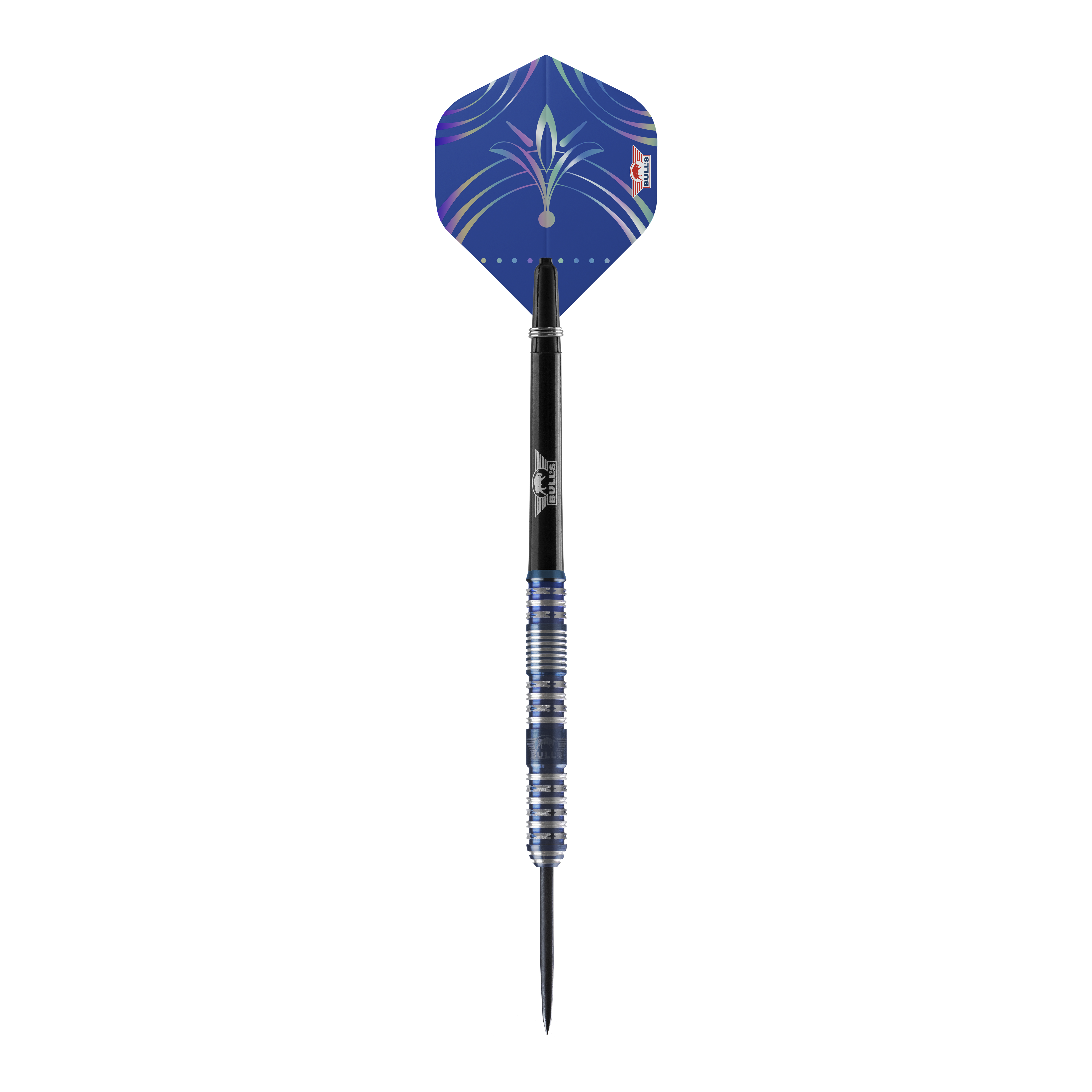 Fléchettes en acier Silvian Bulls NL Das Bild zeigt einen Bulls NL Silvian Steeldart. Der Dart hat eine blaue Flights und einen silber-blauen Schaft mit Rillen.
