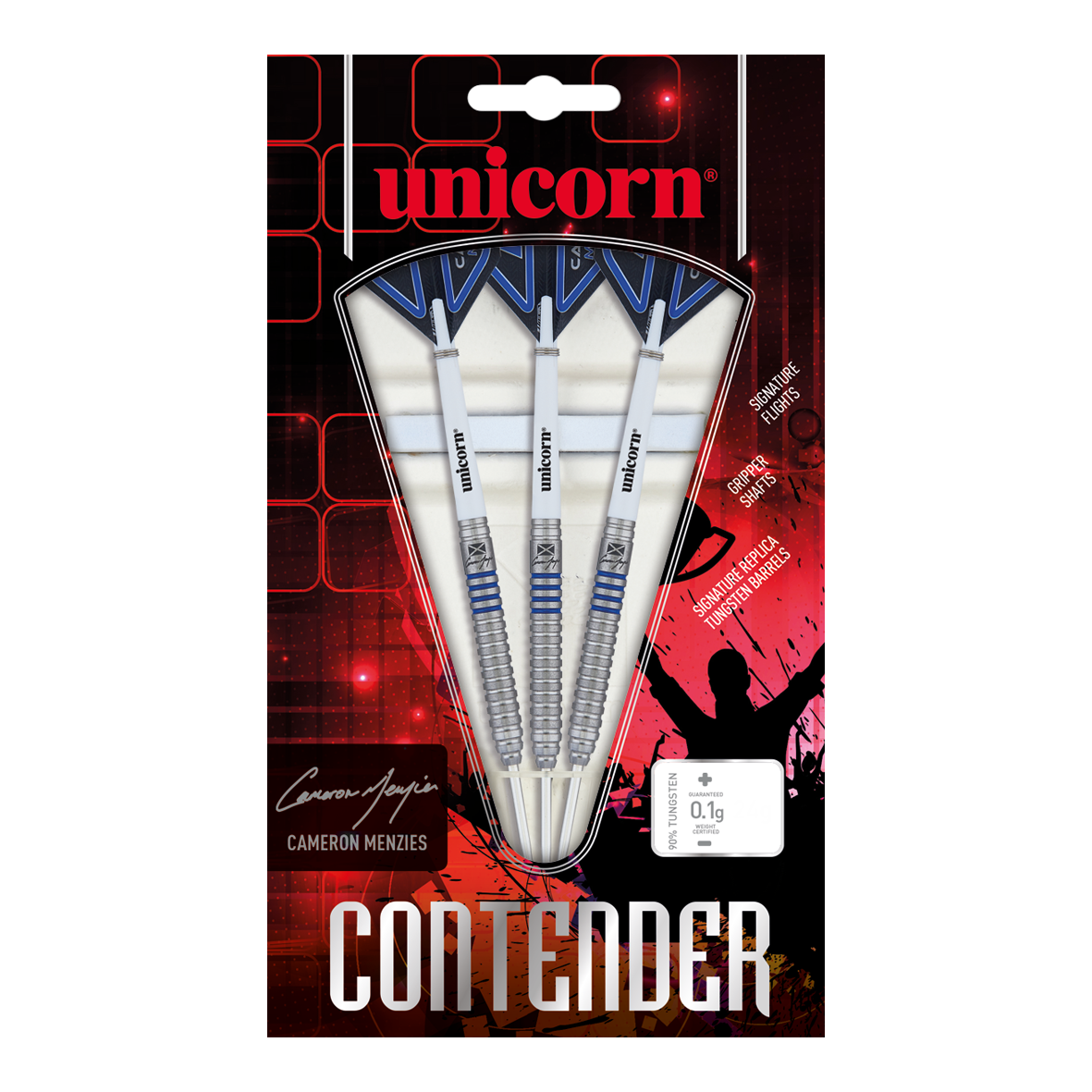 Fléchettes en acier Unicorn Contender Cameron Menzies - 23 g Das Bild zeigt eine Packung Unicorn Contender Camerion Menzies Steeldarts mit einem Gewicht von 23g. In der Verpackung befinden sich drei silberne Darts mit blauen Akzenten.