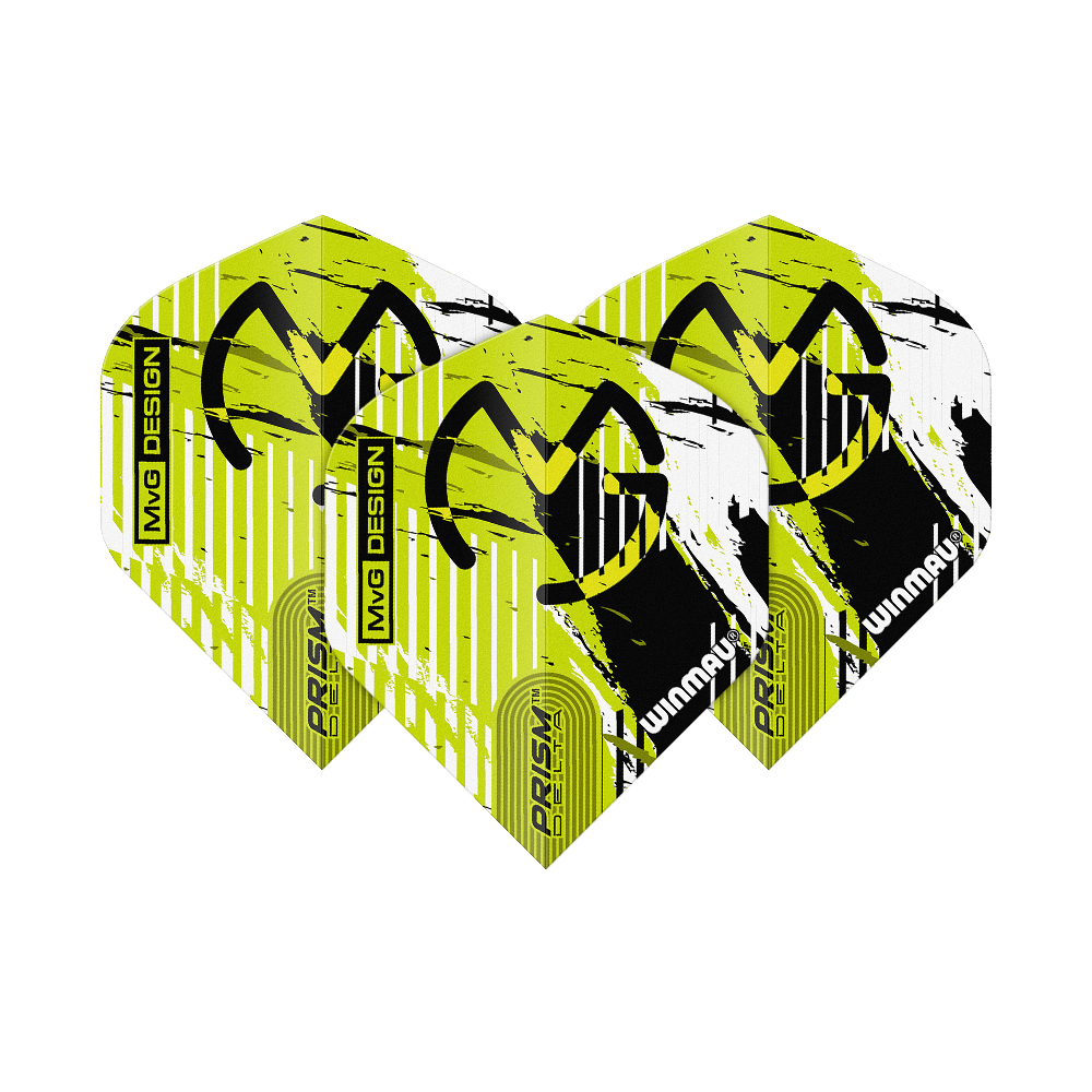 Das Bild zeigt drei Dartflights des Modells "Winmau Delta Michael Van Gerwen Prism 03 Standard". Die Flights sind gelb-schwarz-weiß gestaltet und tragen das MVG-Logo sowie die Aufschrift "PRISM DELTA" und "WINMAU".
