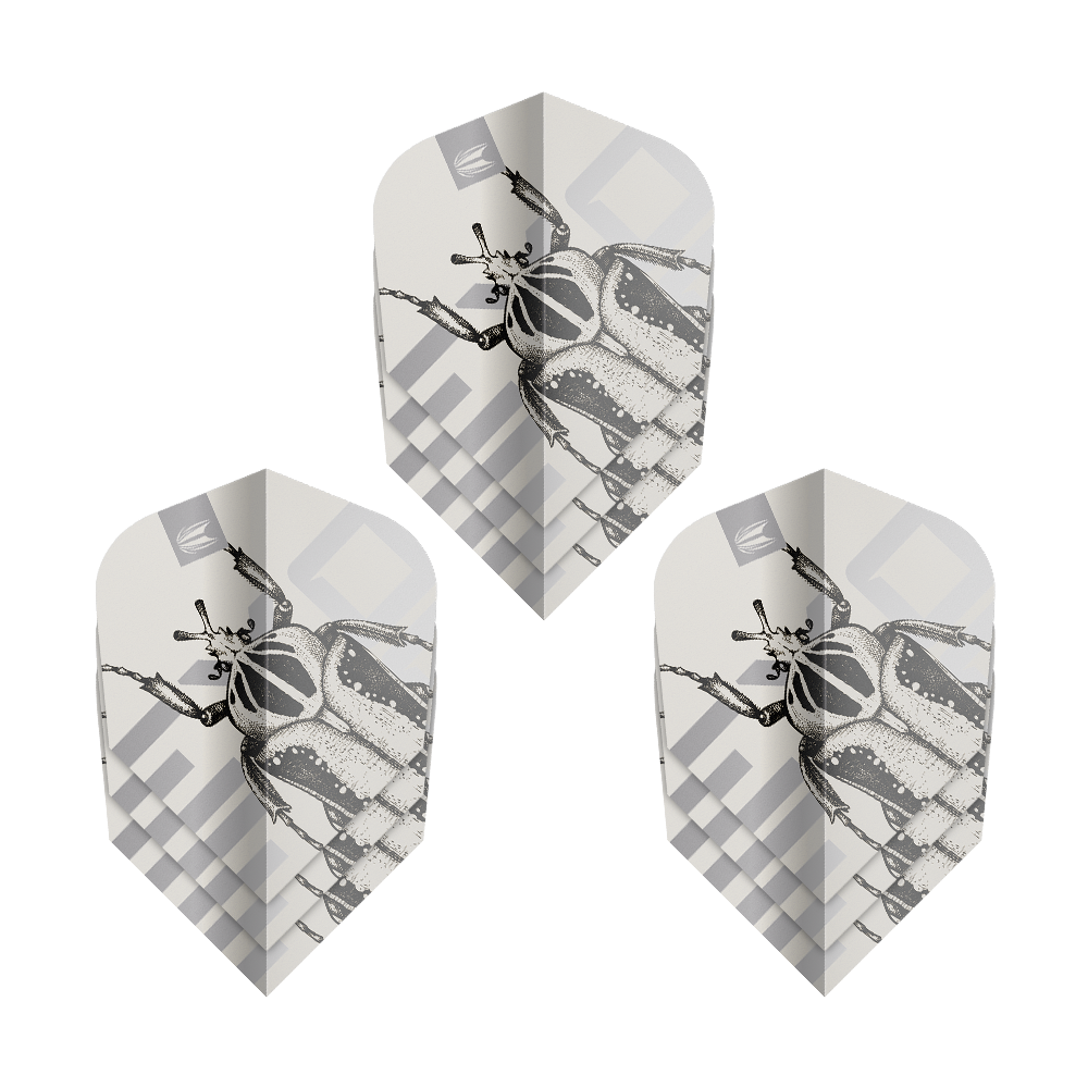 Vols Target Pro Ultra Exo 2.0 Ten-X - 3 jeux Das Bild zeigt drei Sätze der Target Pro Ultra Exo 2.0 Ten-X Flights. Auf den Flights ist ein detailreiches Käfermotiv in Schwarz-Weiß abgebildet.