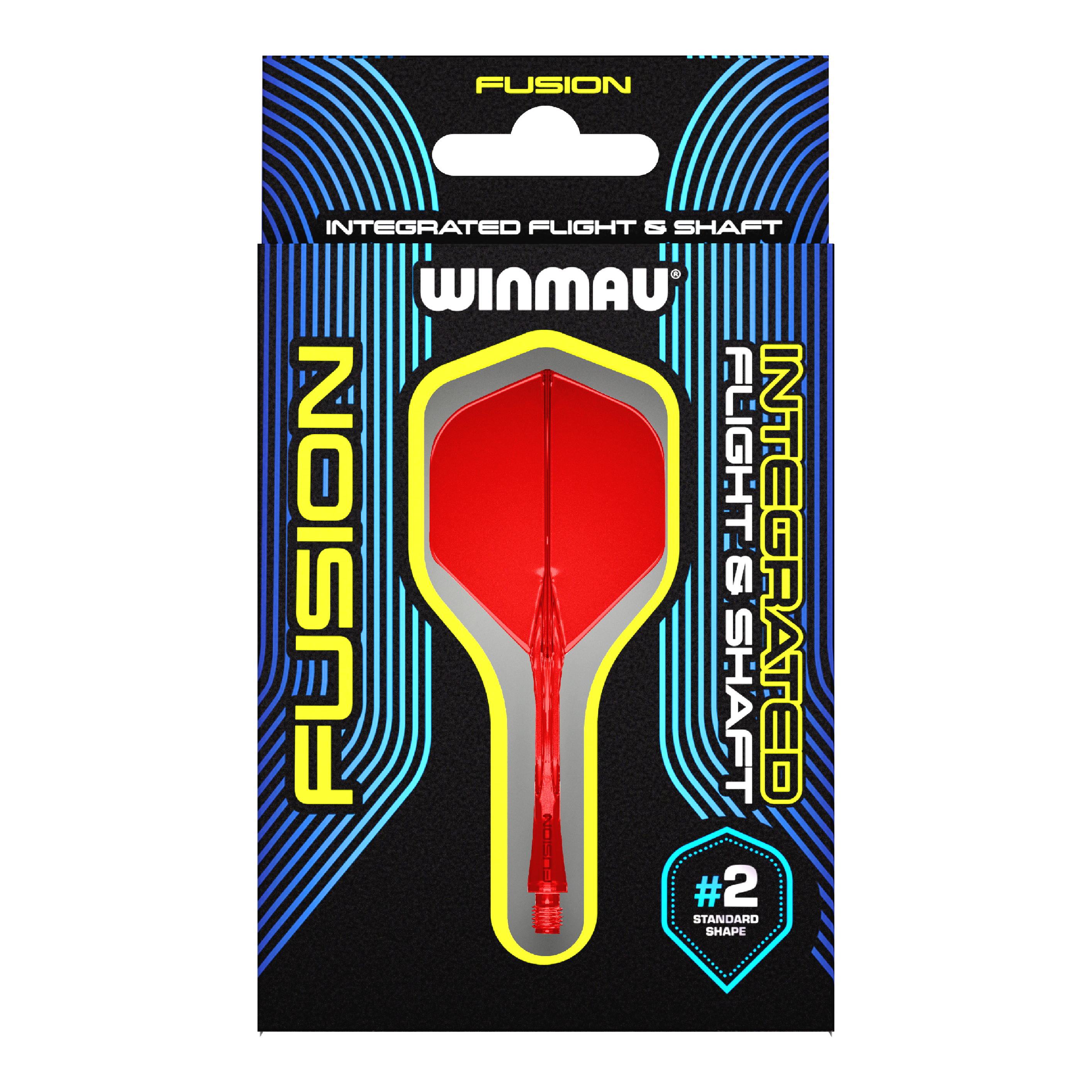 Système d'arbre de vol Winmau Fusion Standard Rouge Das Bild zeigt eine Verpackung für das Winmau Fusion Integrated Flight & Shaft System in Rot. Im Mittelpunkt ist ein integrierter Dart-Flügel mit Schaft der Größe #2 im Standard-Shape zu sehen.