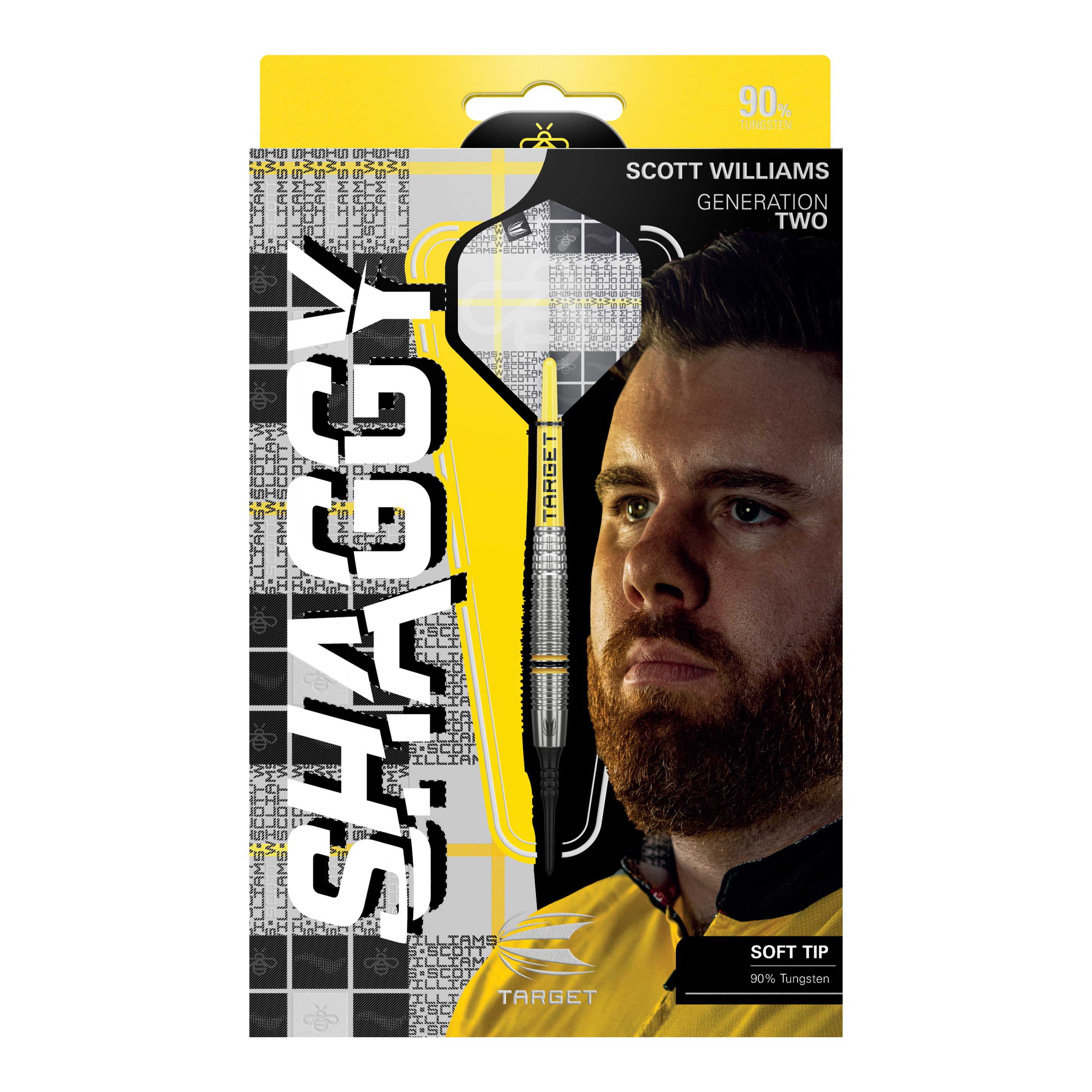 Fléchettes souples Target Scott Williams GEN2 - 18 g Das Bild zeigt die Verpackung der "Target Scott Williams GEN2 Softdarts - 18g". Auf der Vorderseite sind ein Dartpfeil, das Gesicht von Scott Williams und der Schriftzug "SHAGGY" prominent zu sehen.