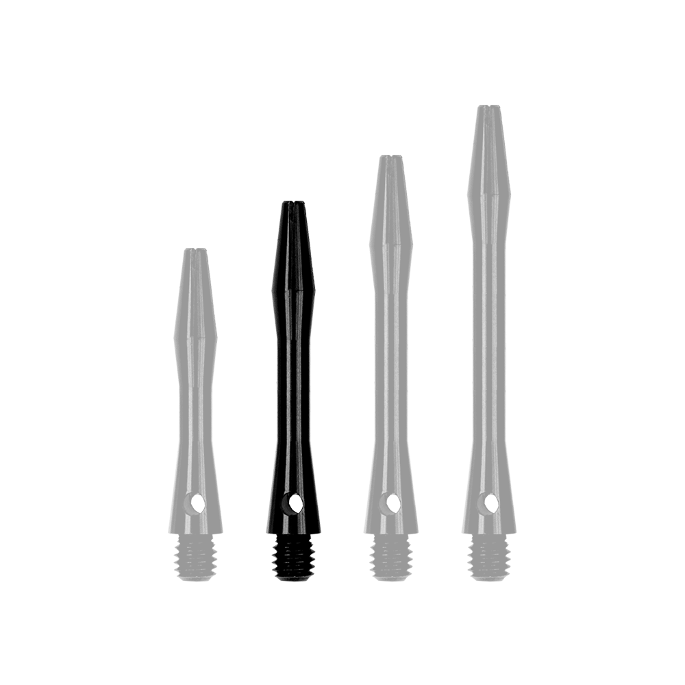 502_Aluminium_Shafts_Schwarz_35mm_1irLxveMb0BXGF Auf dem Bild sind vier schwarze Aluminium-Schäfte in unterschiedlichen Längen zu sehen. Sie stehen nebeneinander und haben alle ein Gewinde am unteren Ende.
