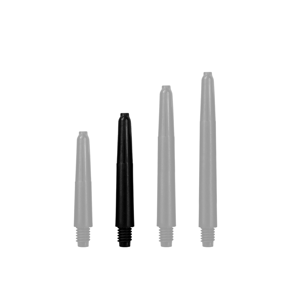 Das Bild zeigt vier schwarze Nylon Shafts in unterschiedlichen Längen. Sie sind gerade und verfügen am unteren Ende über ein Schraubgewinde.