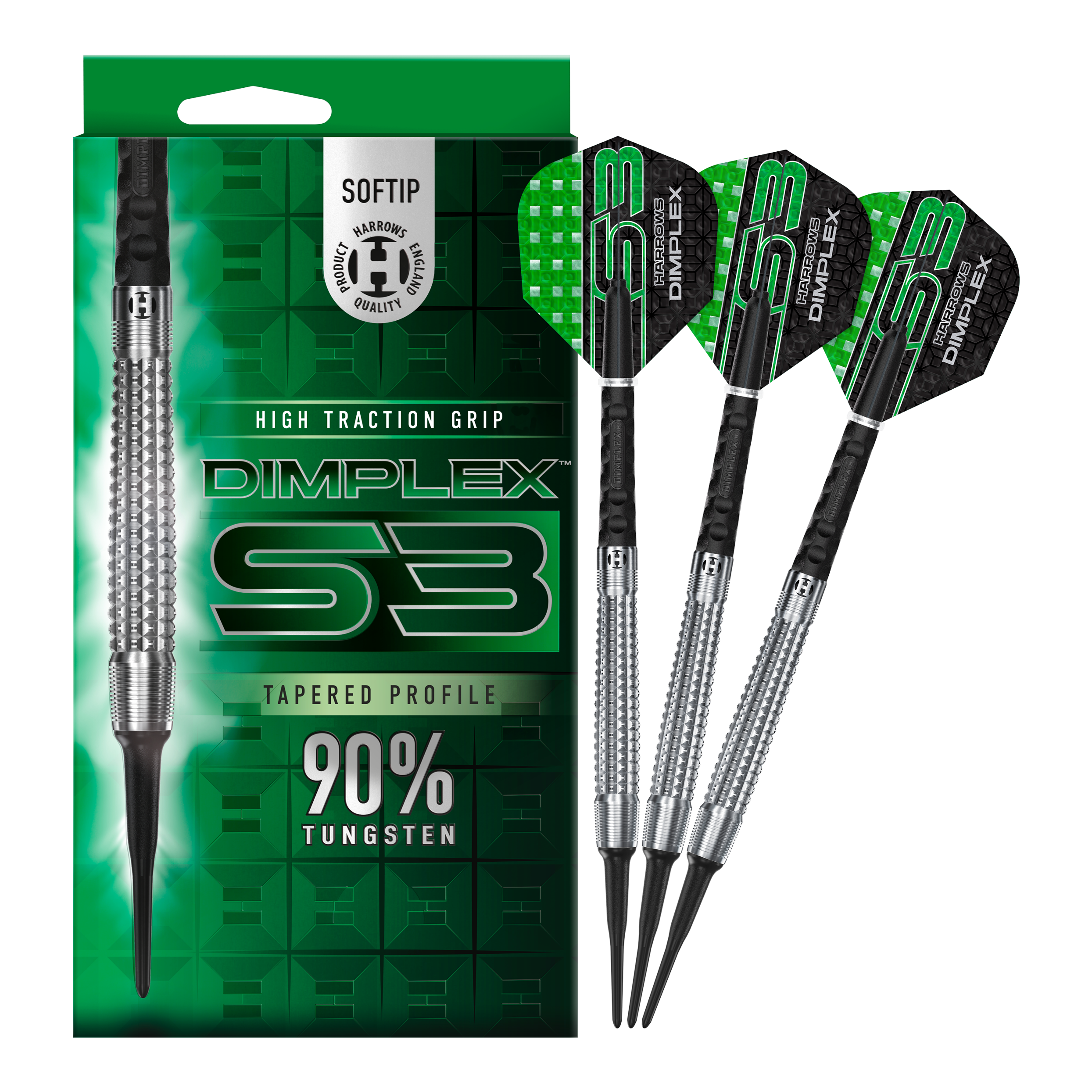 Fléchettes souples coniques Harrows Dimplex S3 Das Bild zeigt eine Packung und drei Softdarts der Marke "Harrows Dimplex S3 Tapered". Die Darts bestehen zu 90 % aus Tungsten und haben eine hohe Grifftraktion.