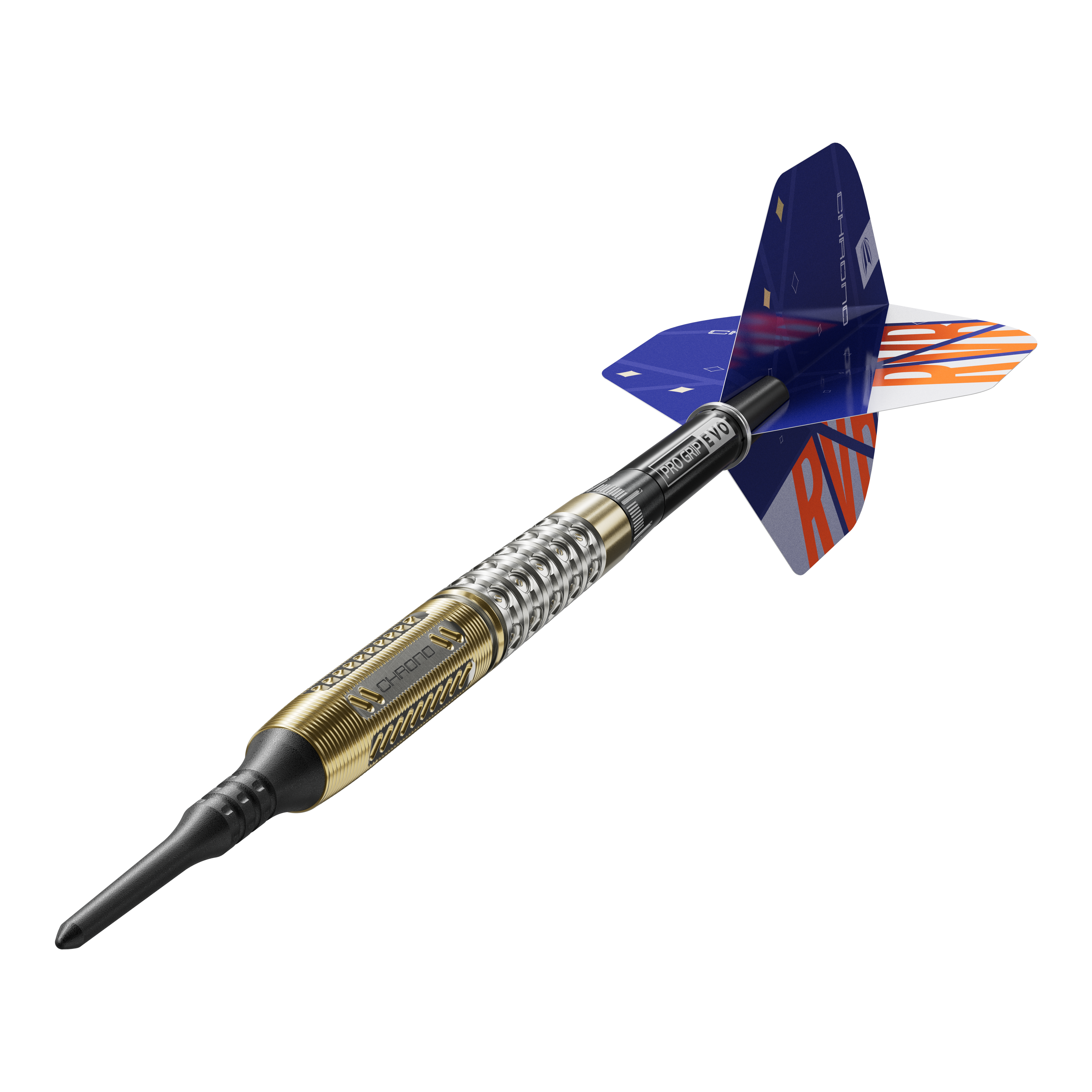 Target Raymond Van Barneveld Chrono 95 fléchettes souples Das Bild zeigt einen Softdart namens "Target Raymond Van Barneveld Chrono 95". Der Dart hat einen gold-silbernen Griff und blaue Flights mit orangefarbenen Buchstaben.