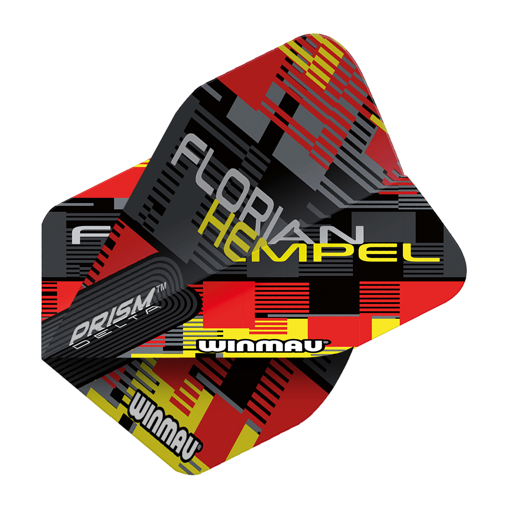 6915-259_Winmau_Prism_Delta_Florian_Hempel_Metallic_Standard_Flights_2 Das Bild zeigt die Winmau Prism Delta Florian Hempel Metallic Standard Flights. Die Flights haben ein auffälliges Design in Schwarz, Rot und Gelb mit dem Namen „Florian Hempel“ darauf.