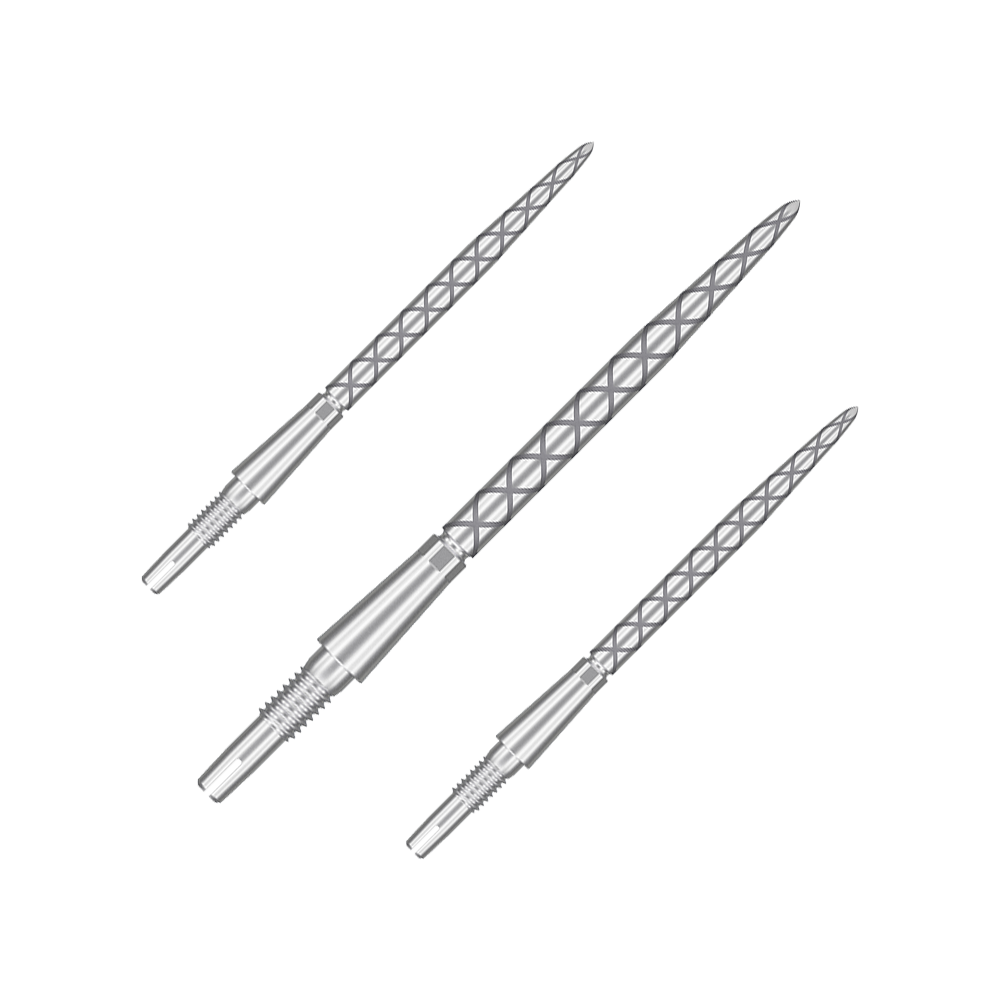Pointes de fléchettes Target Swiss Storm Diamond Point - Argent Auf dem Bild sind drei silberne Dartspitzen mit einem rautenförmigen Muster zu sehen. Sie sind lang und schmal und liegen nebeneinander auf einem neutralen Hintergrund.