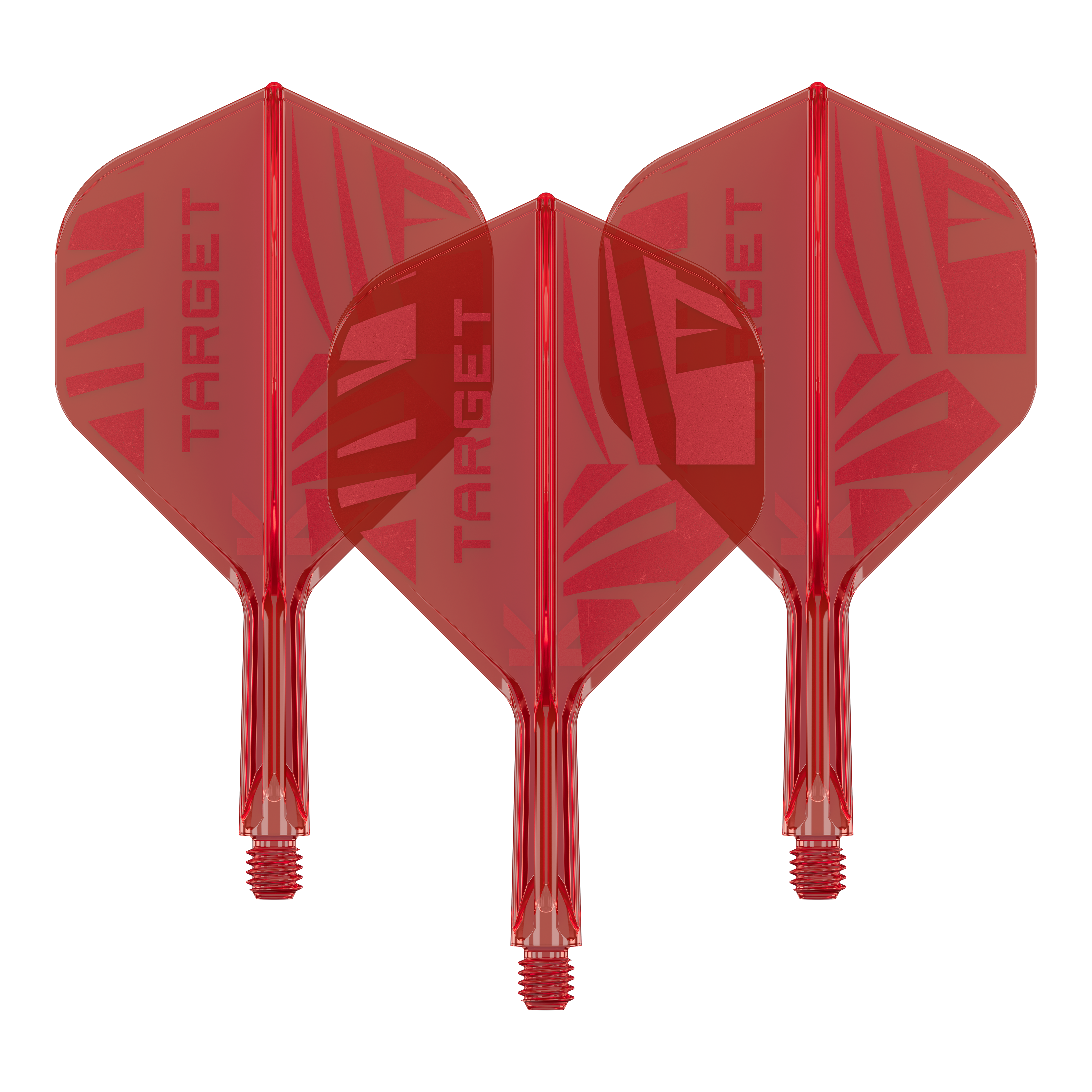 Ailettes standard Target K-Flex rouges n° 2 Hier ist ein Set Target K-Flex Red No2 Standard Flights in 19 mm zu sehen. Die Flights sind nebeneinander gelegt.