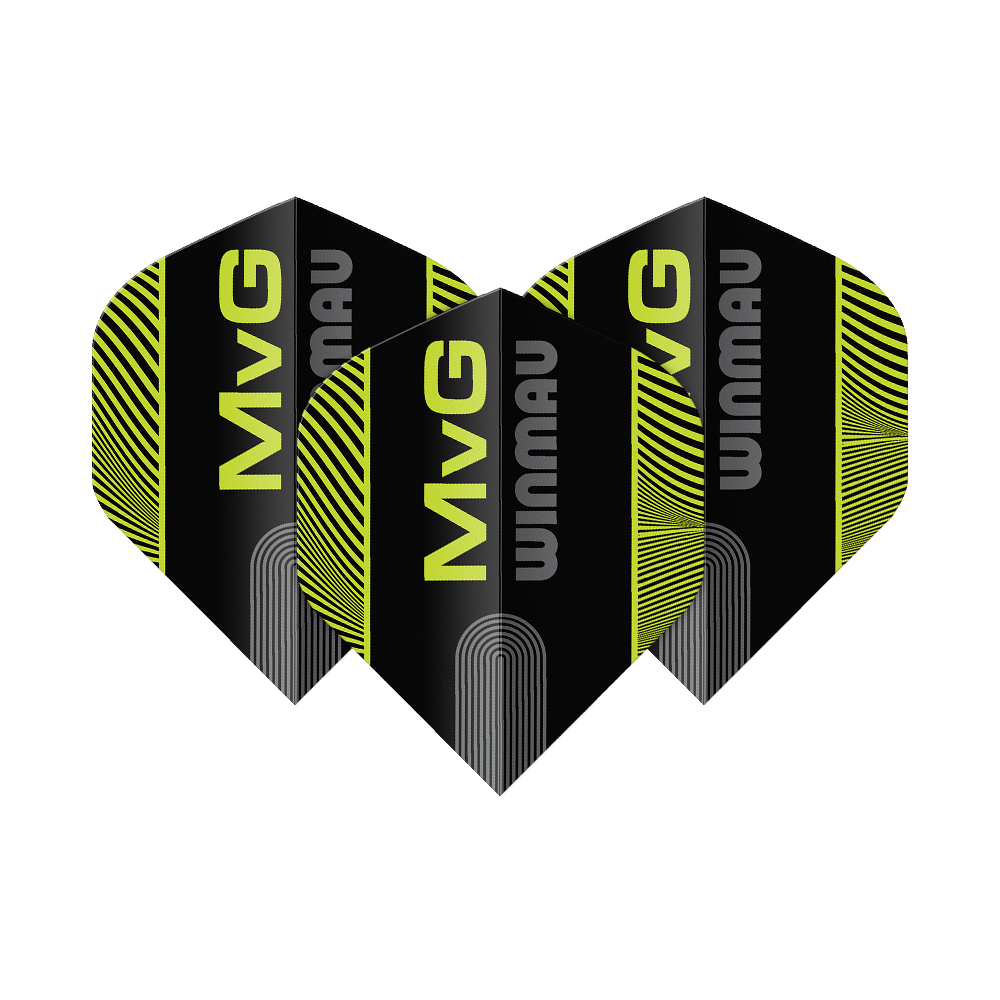 Vols standard Winmau Prism Delta MvG Noir Vert Texte N°2 Das Bild zeigt die Winmau Prism Delta MvG Black Green Text No2 Standard Flights. Es handelt sich um Dart-Flights in Schwarz und Grün mit Text-Design.